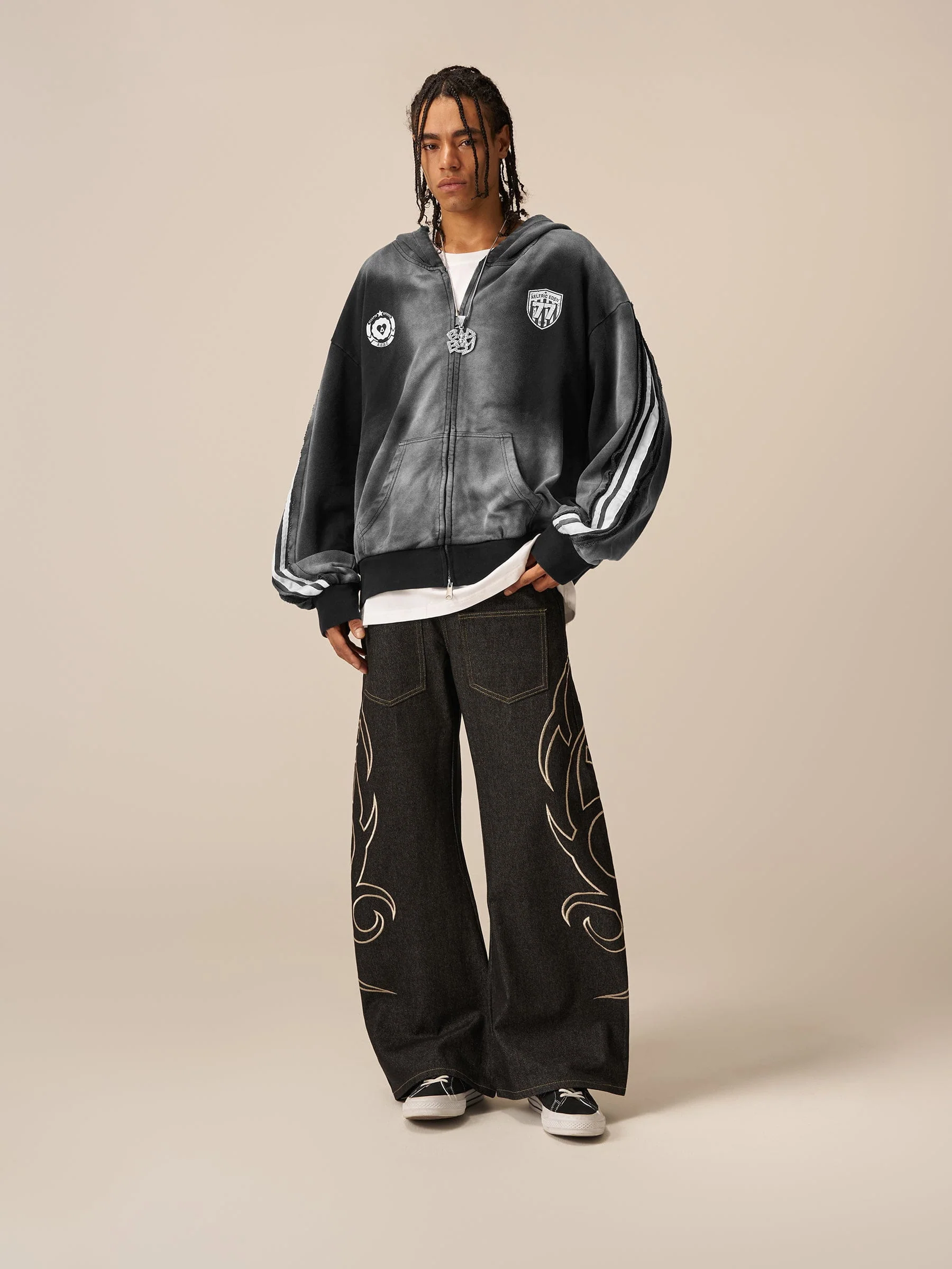 Aelfric Eden Boxy fit 77 Stripe Zip Hoodie – Acid Wash