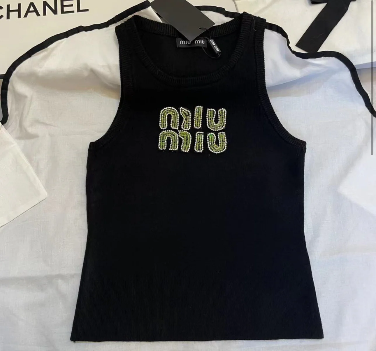 MIU MIU GREEN LETTERS TANK TOP