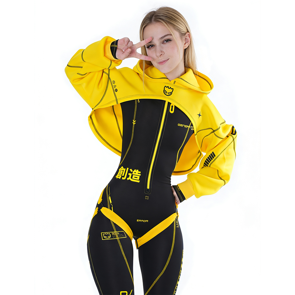 Stylish Yellow and Black Jumpsuit with Hoodie for All-Season Wear