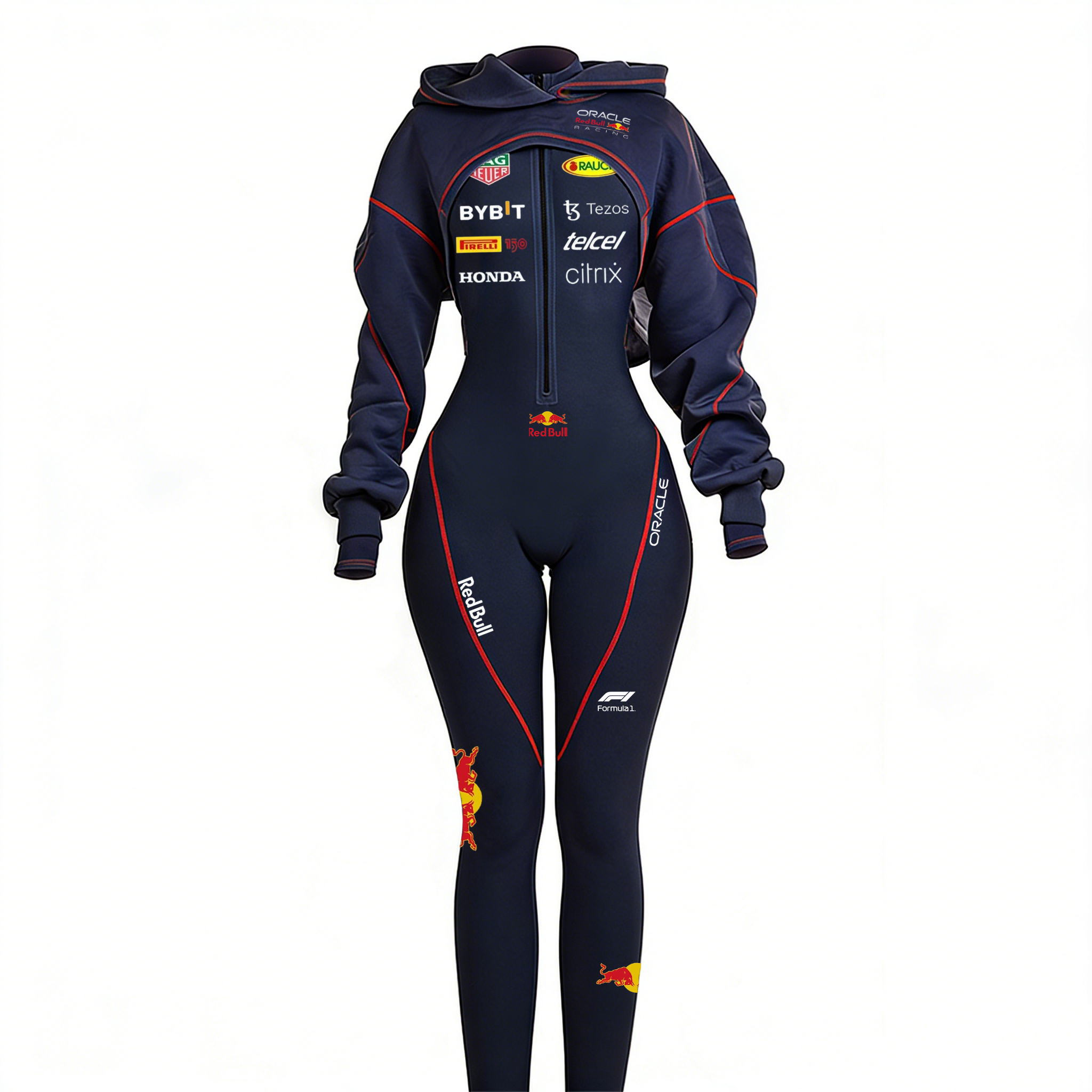 Red Racing-Inspired Hooded One-Piece Suit with Full-Zip Design