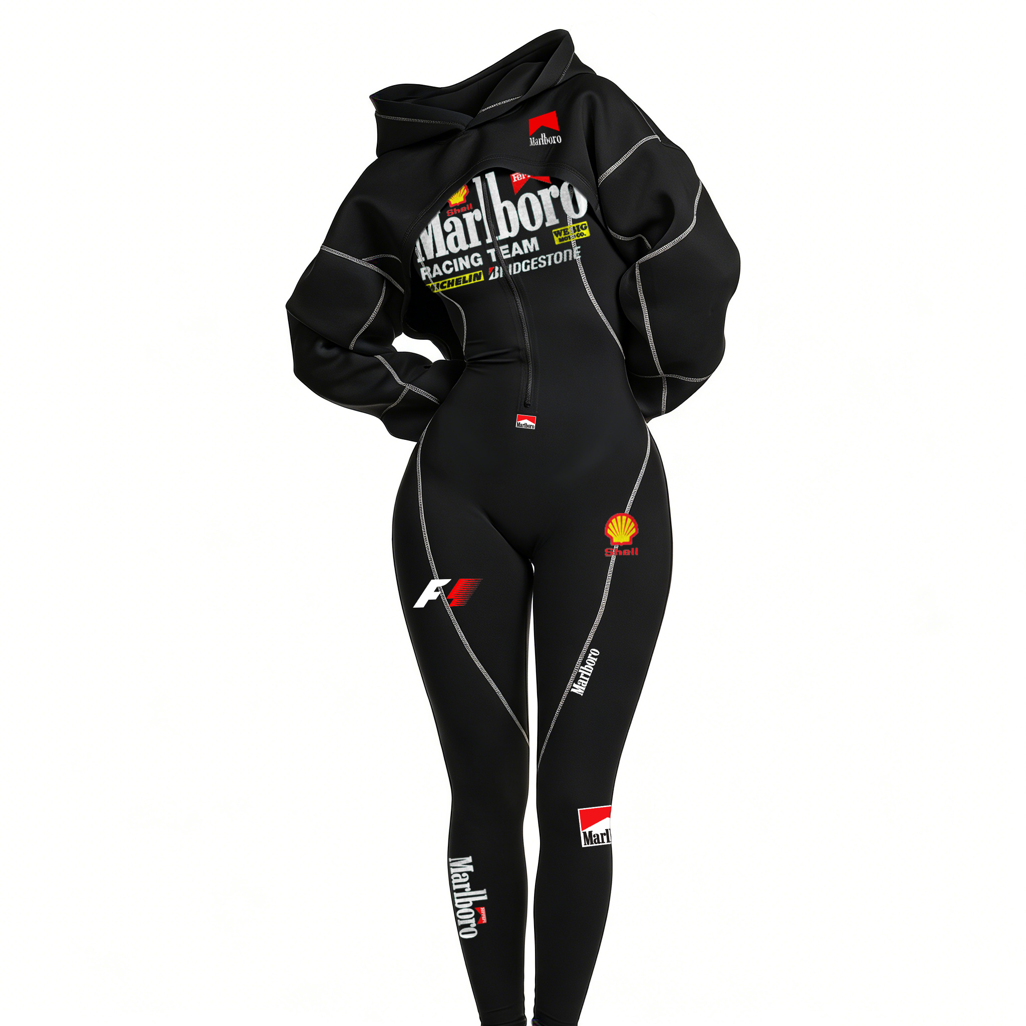 Red Racing-Inspired Hooded One-Piece Suit with Full-Zip Design