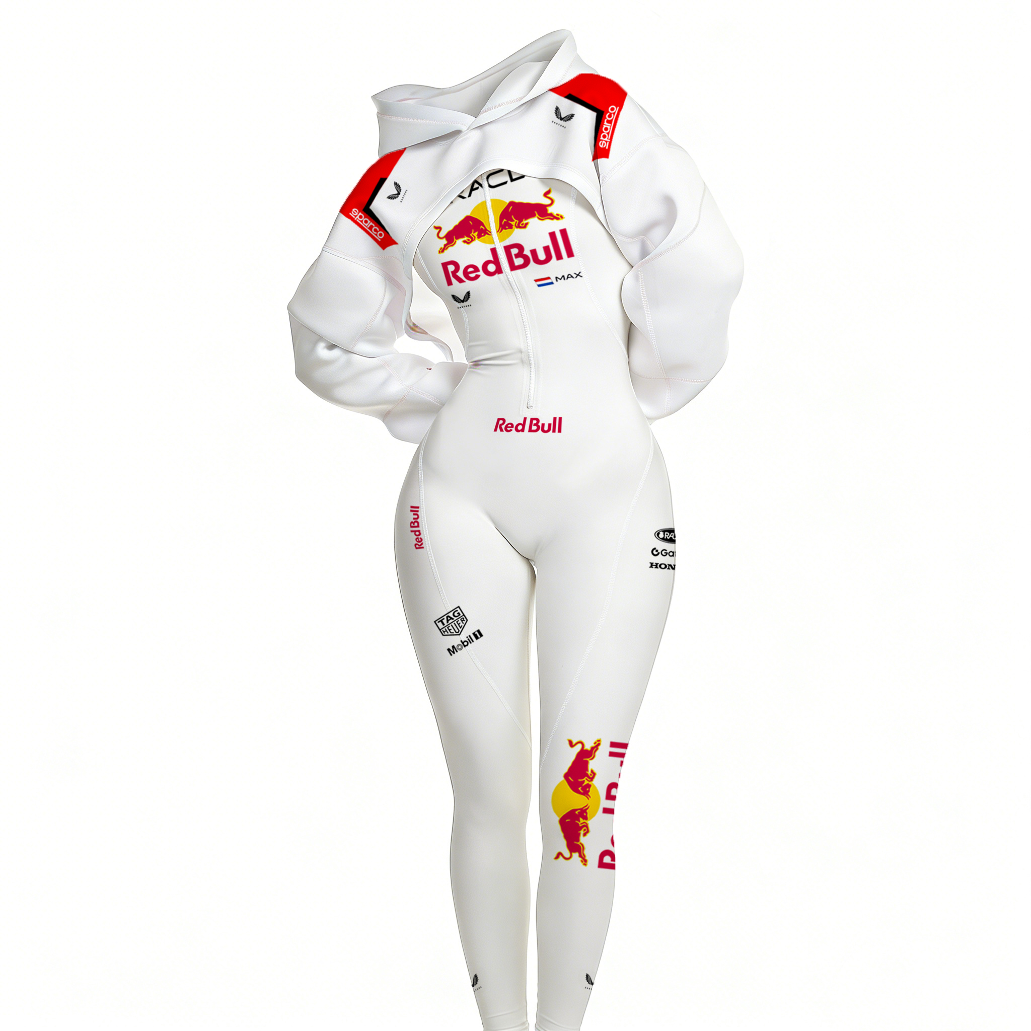 Red Racing-Inspired Hooded One-Piece Suit with Full-Zip Design