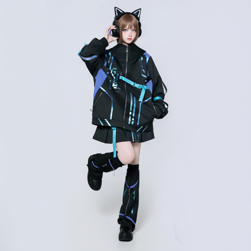 Cyberpunk Functional Style Purple-Black Color-Blocked Set Jacket + Shorts + Leggings Futuristic Tech-Inspired Streetwear