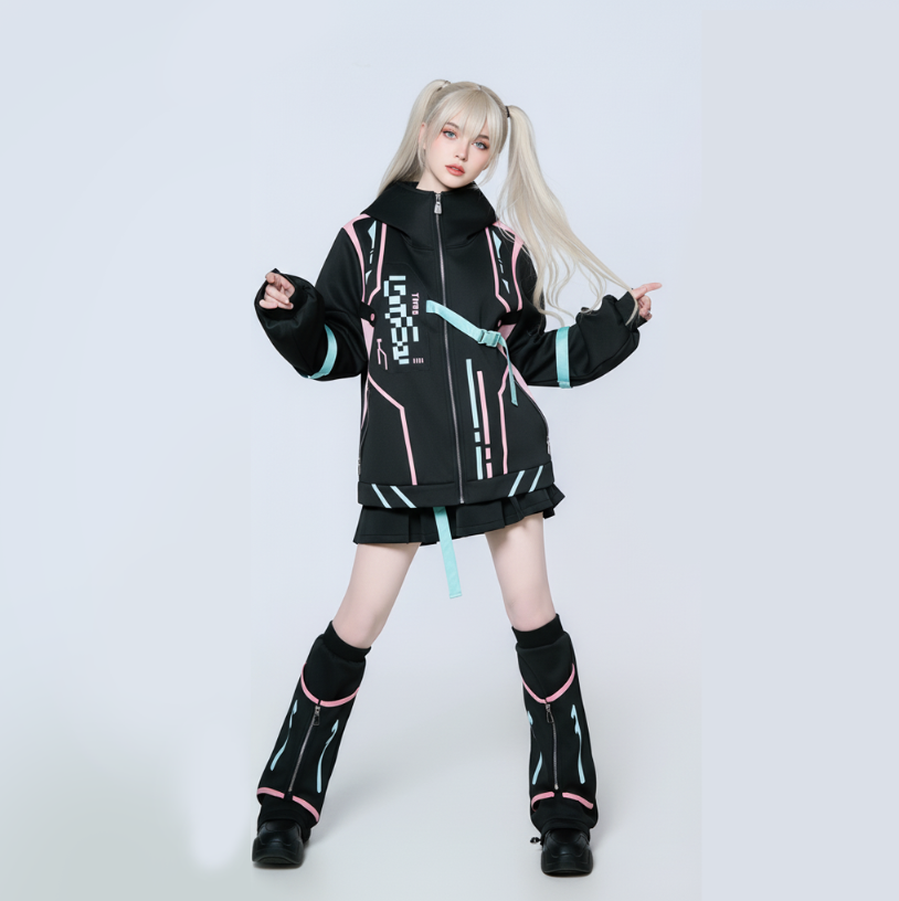 Cyberpunk Functional Style Purple-Black Color-Blocked Set Jacket + Shorts + Leggings Futuristic Tech-Inspired Streetwear