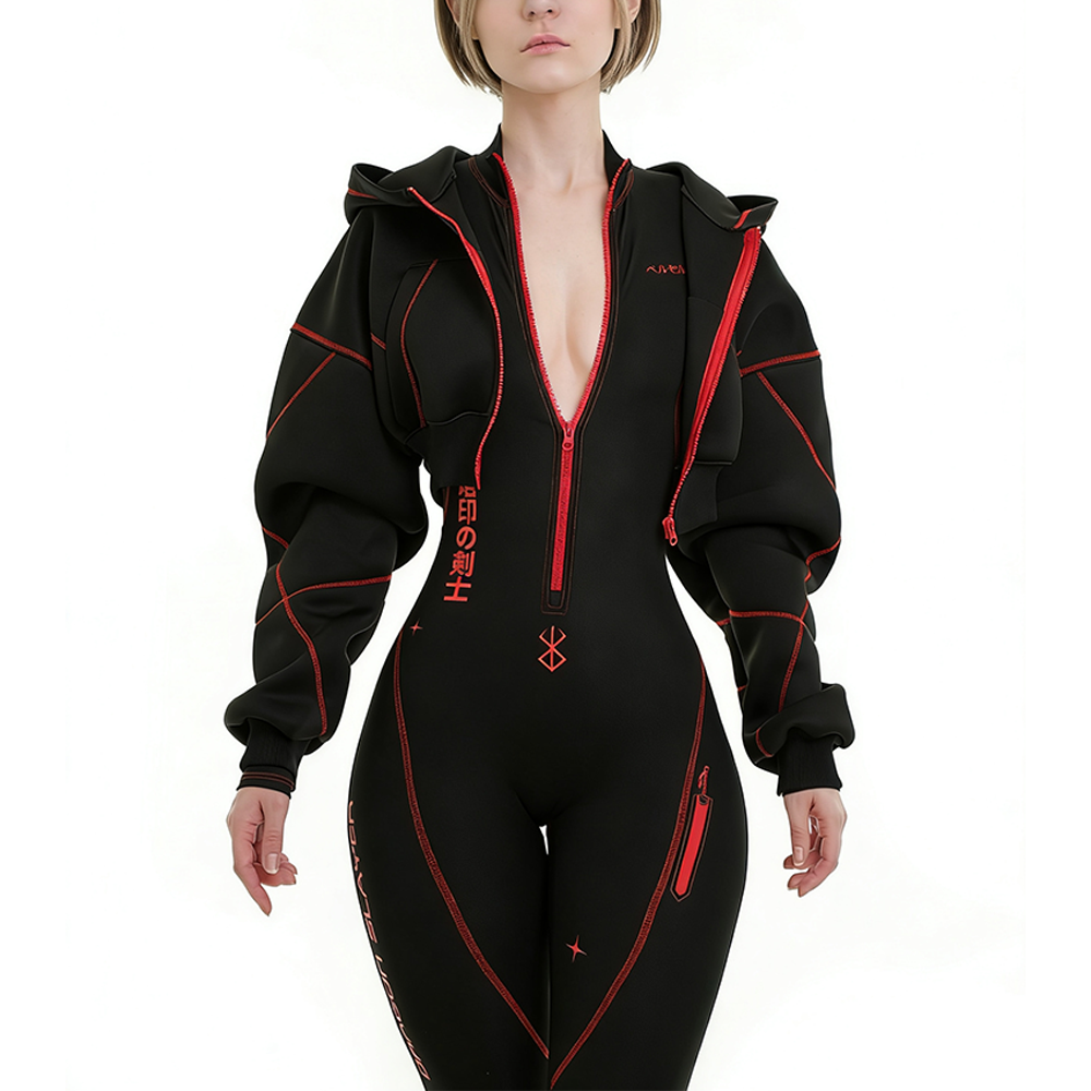 Stylish Hooded Jumpsuit with Red Accents for Modern Fashionistas