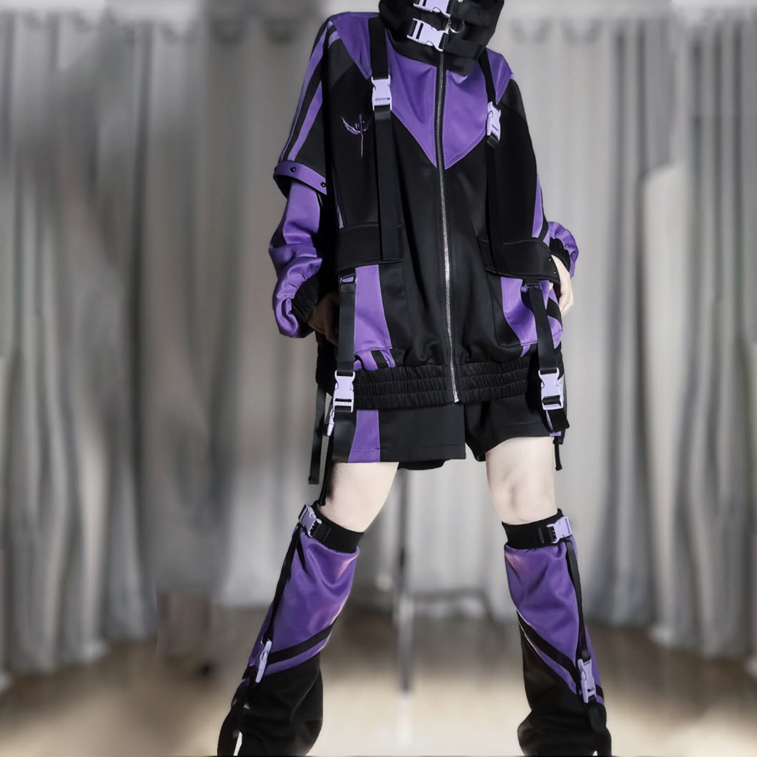 Cyberpunk Functional Style Purple-Black Color-Blocked Set Jacket + Shorts + Leggings Futuristic Tech-Inspired Streetwear