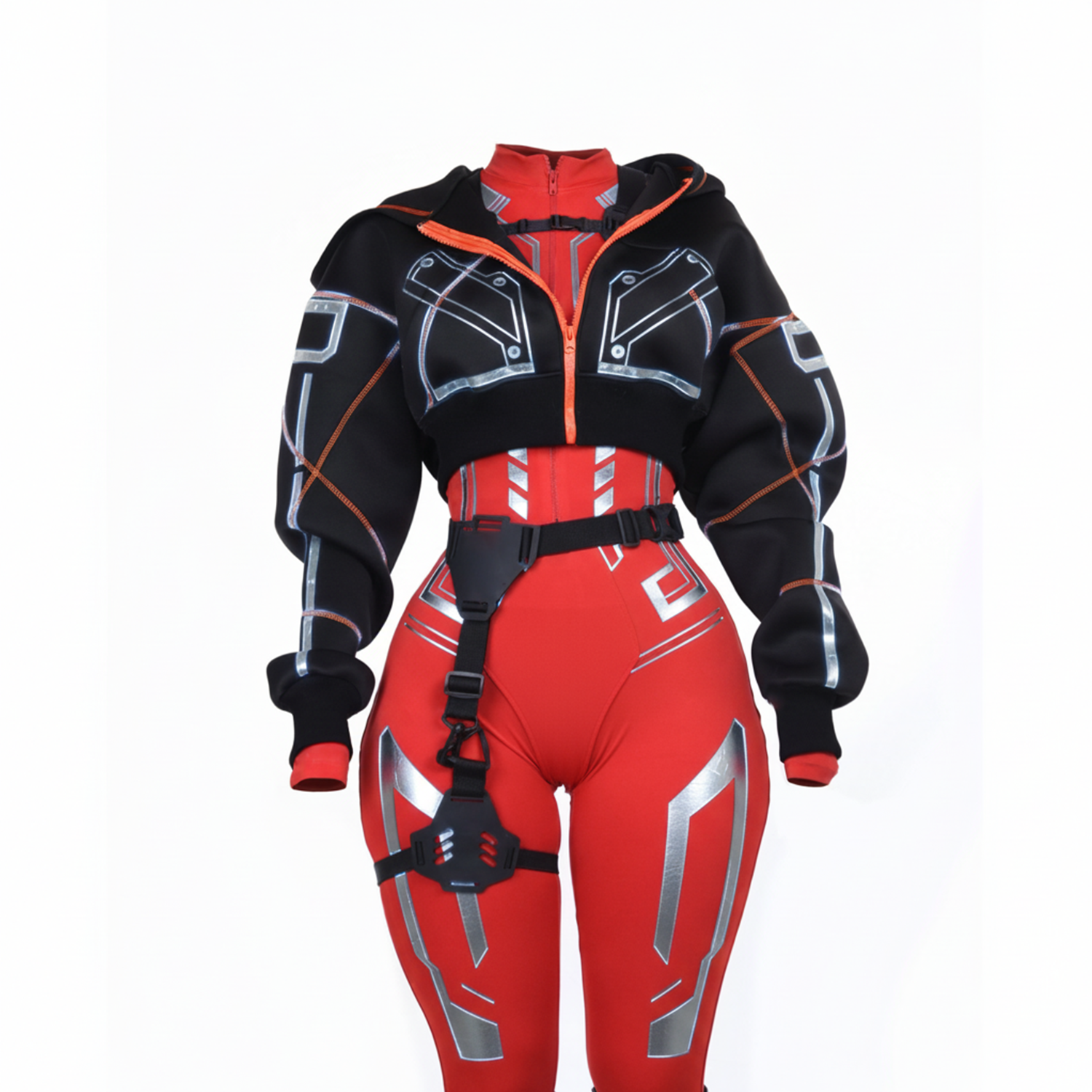 Cyberpunk Functional Style Purple-Black Color-Blocked Set Jacket + Shorts + Leggings Futuristic Tech-Inspired Streetwear