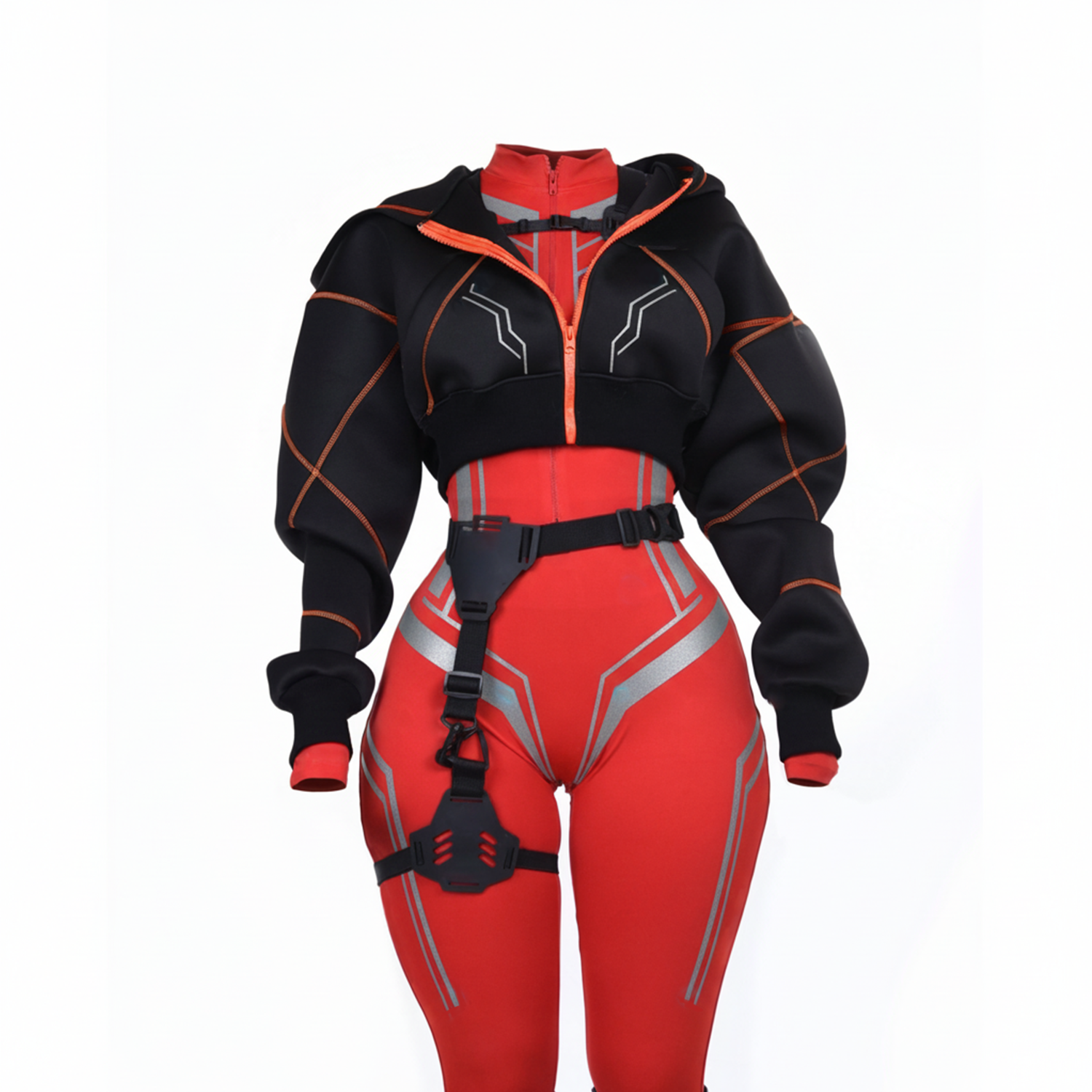 Cyberpunk Functional Style Purple-Black Color-Blocked Set Jacket + Shorts + Leggings Futuristic Tech-Inspired Streetwear