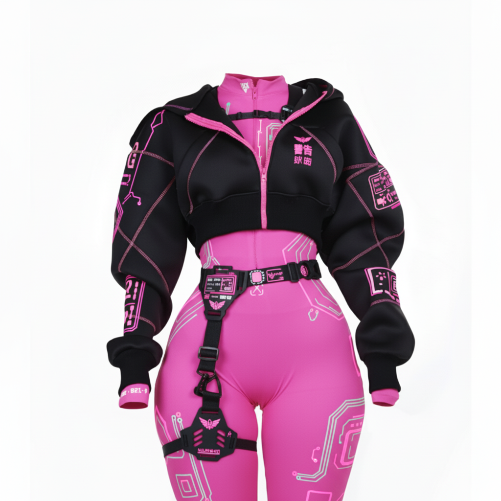 Cyberpunk Functional Style Purple-Black Color-Blocked Set Jacket + Shorts + Leggings Futuristic Tech-Inspired Streetwear