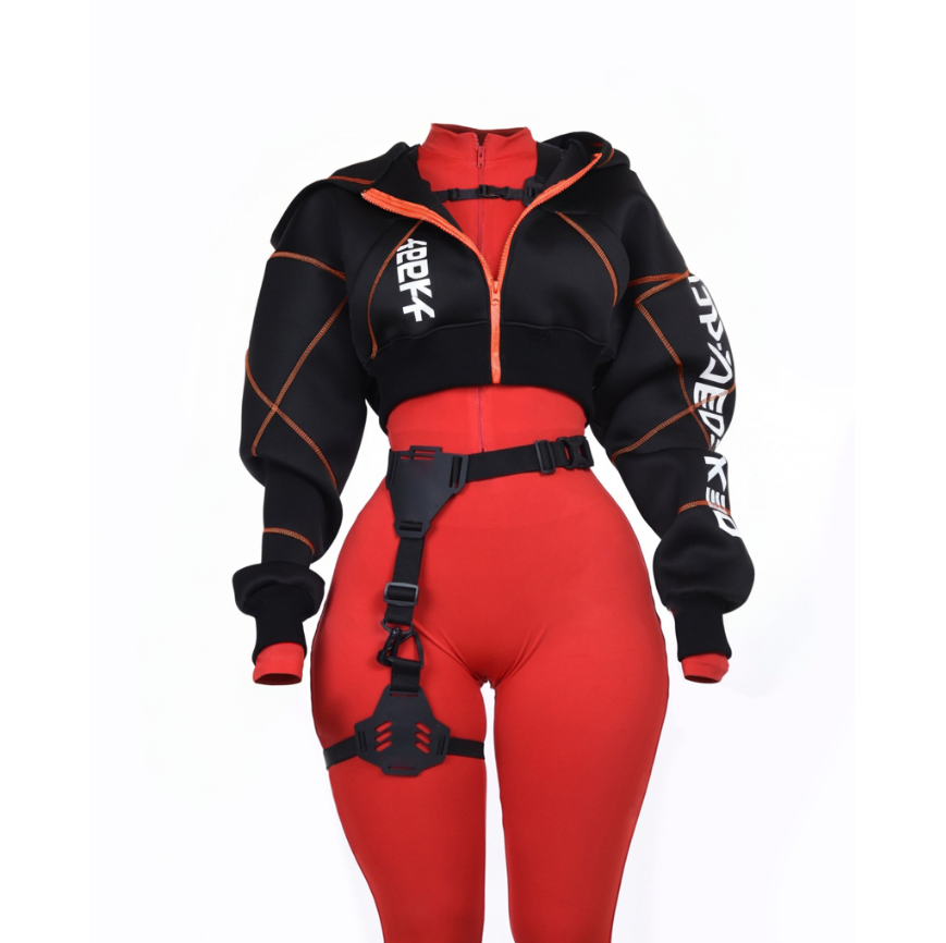 Cyberpunk Functional Style Purple-Black Color-Blocked Set Jacket + Shorts + Leggings Futuristic Tech-Inspired Streetwear