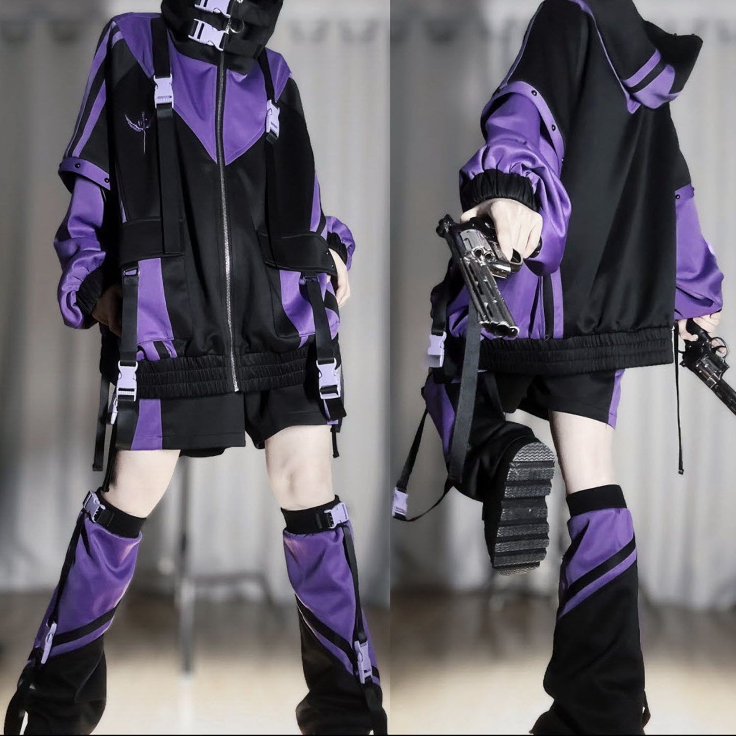 Cyberpunk Functional Style Purple-Black Color-Blocked Set Jacket + Shorts + Leggings Futuristic Tech-Inspired Streetwear
