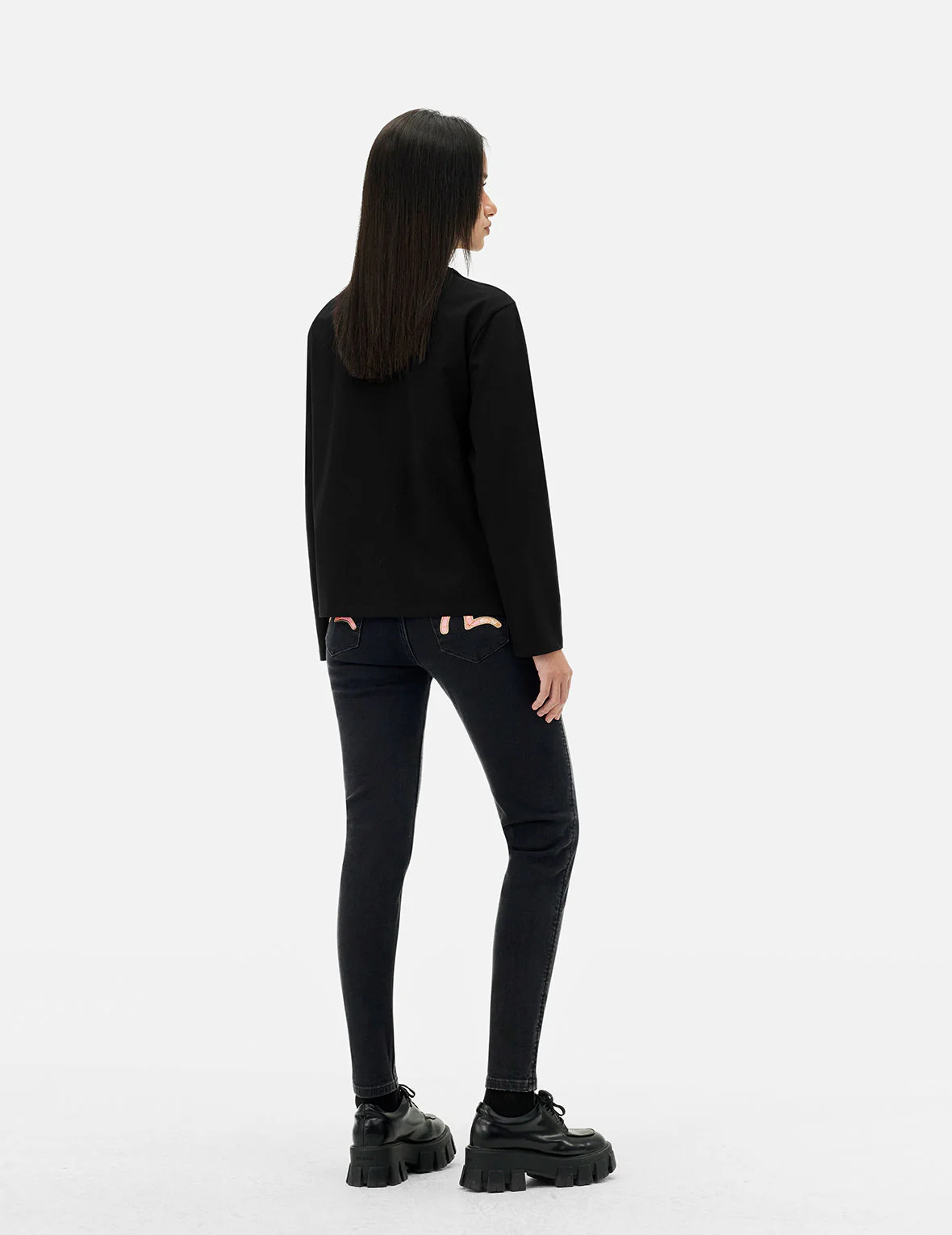 Brocade Inserted Seagull Skinny Jeans