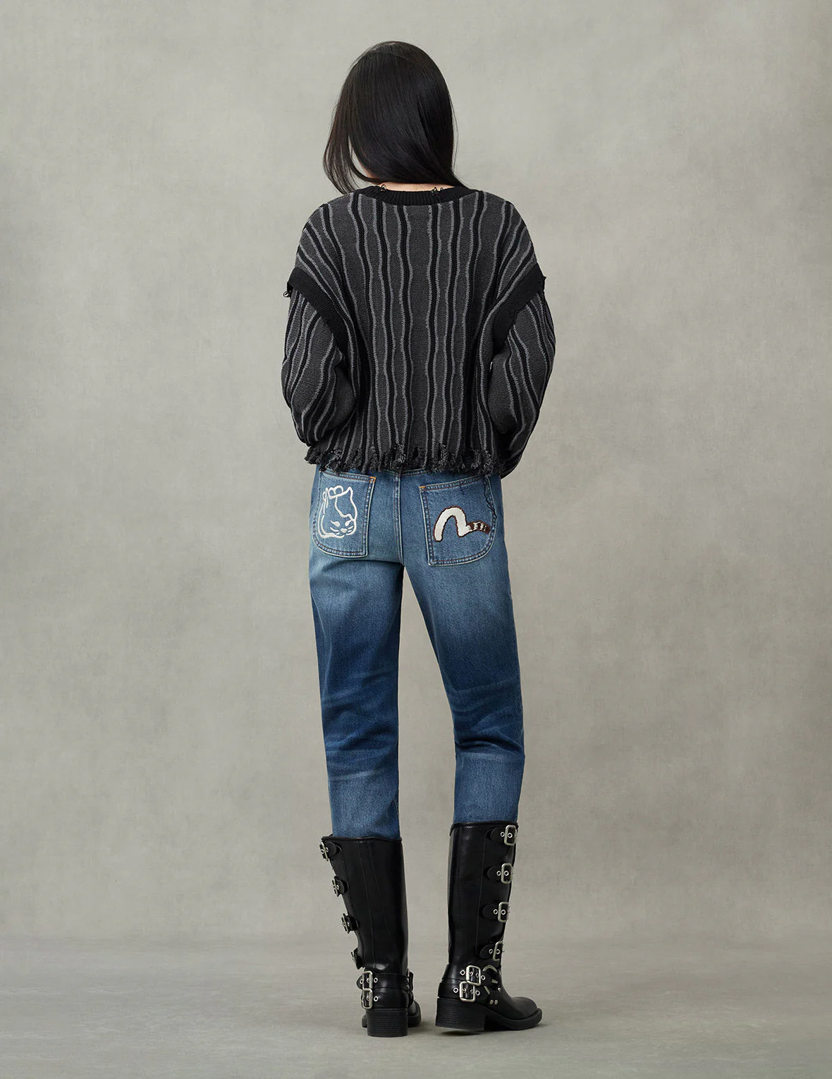 Hollow Fuzzy Cat and Seagull Embroidery Relax Fit Jeans