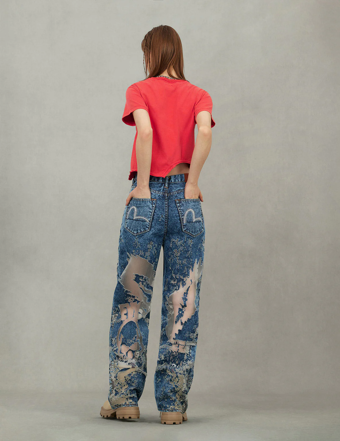 Seagull Embroidery Fashion Fit Burn-Out Fashion Fit Jeans