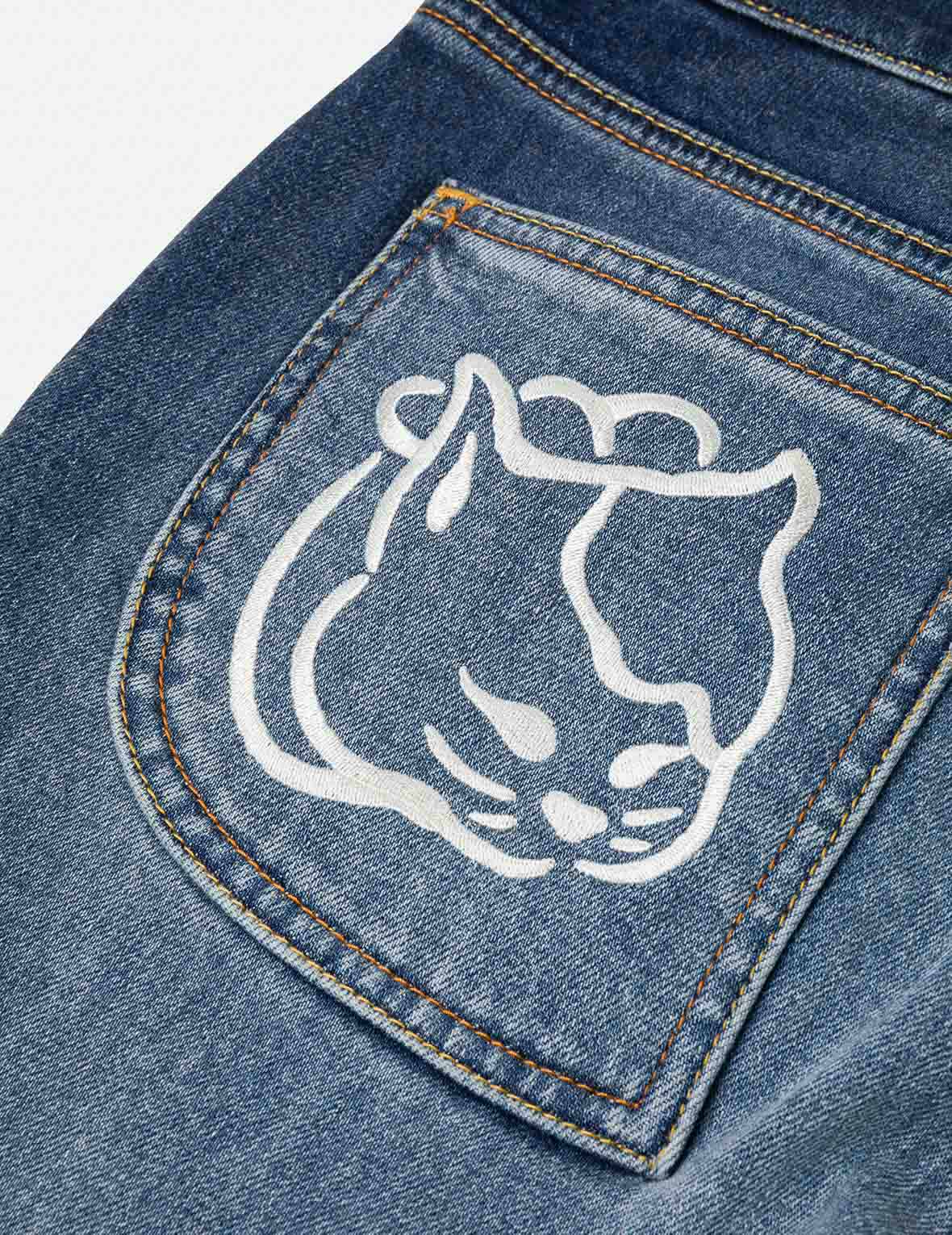 Hollow Fuzzy Cat and Seagull Embroidery Relax Fit Jeans