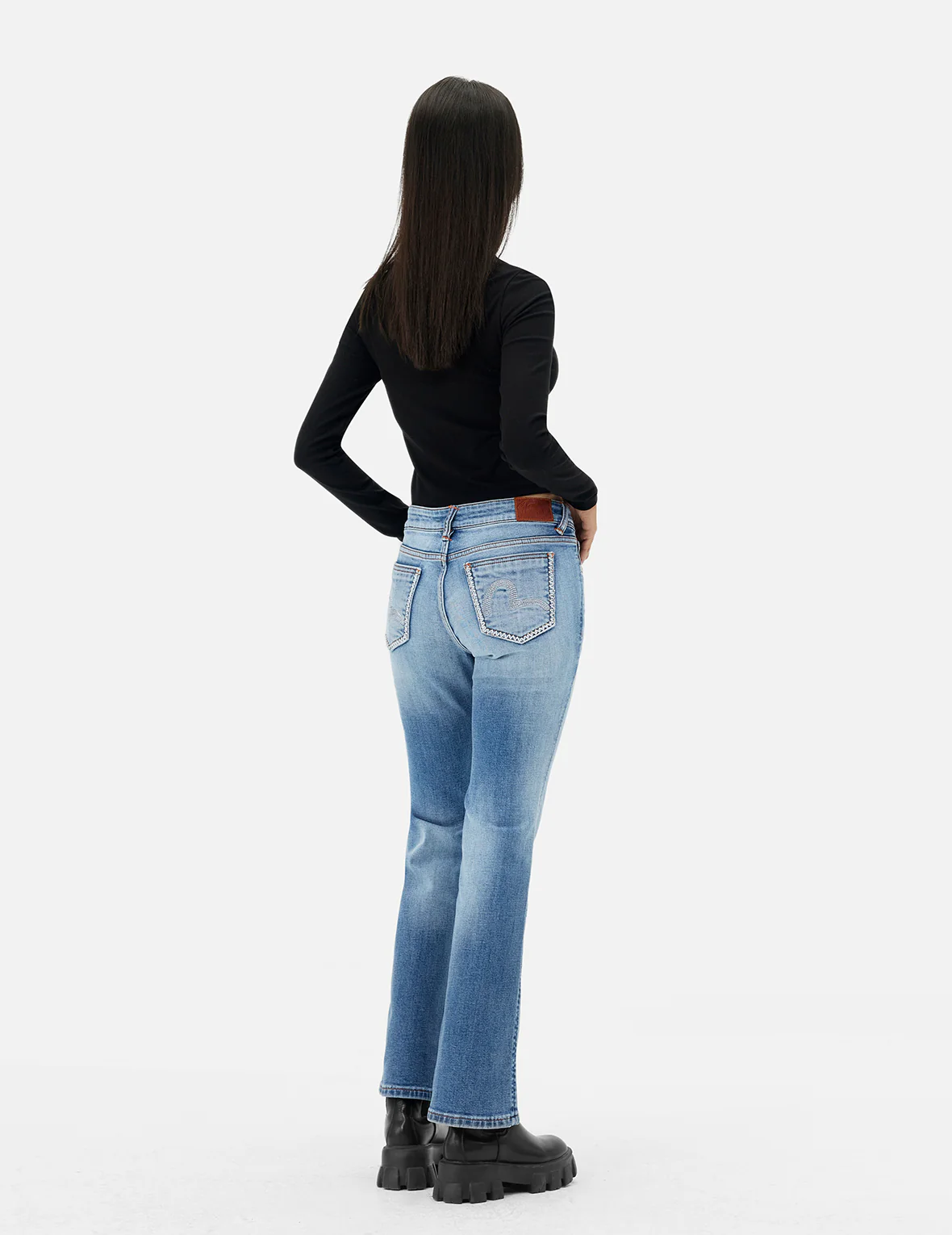 Washed Seagull and Totem Embroidery Bootcut Jeans