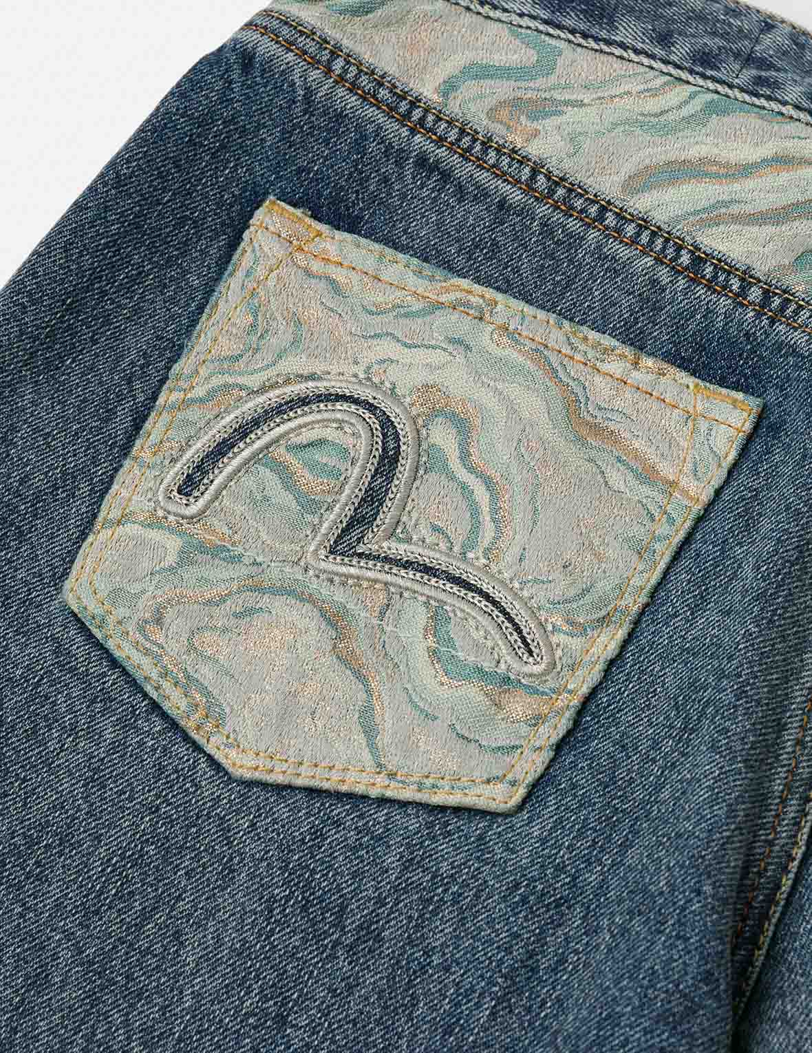 Brocade Pocket and Seagull Appliqué Straight Fit Denim Jeans