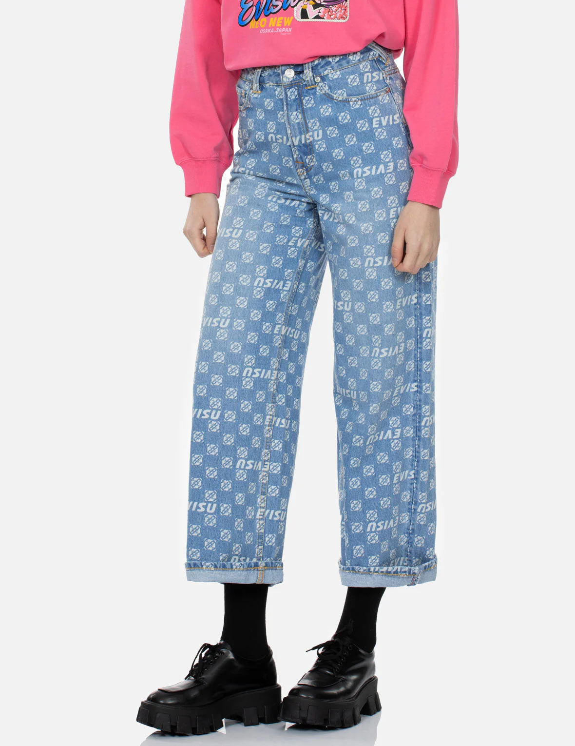 Allover and Gradient Seagull and Logo Wide-leg Fit Jeans