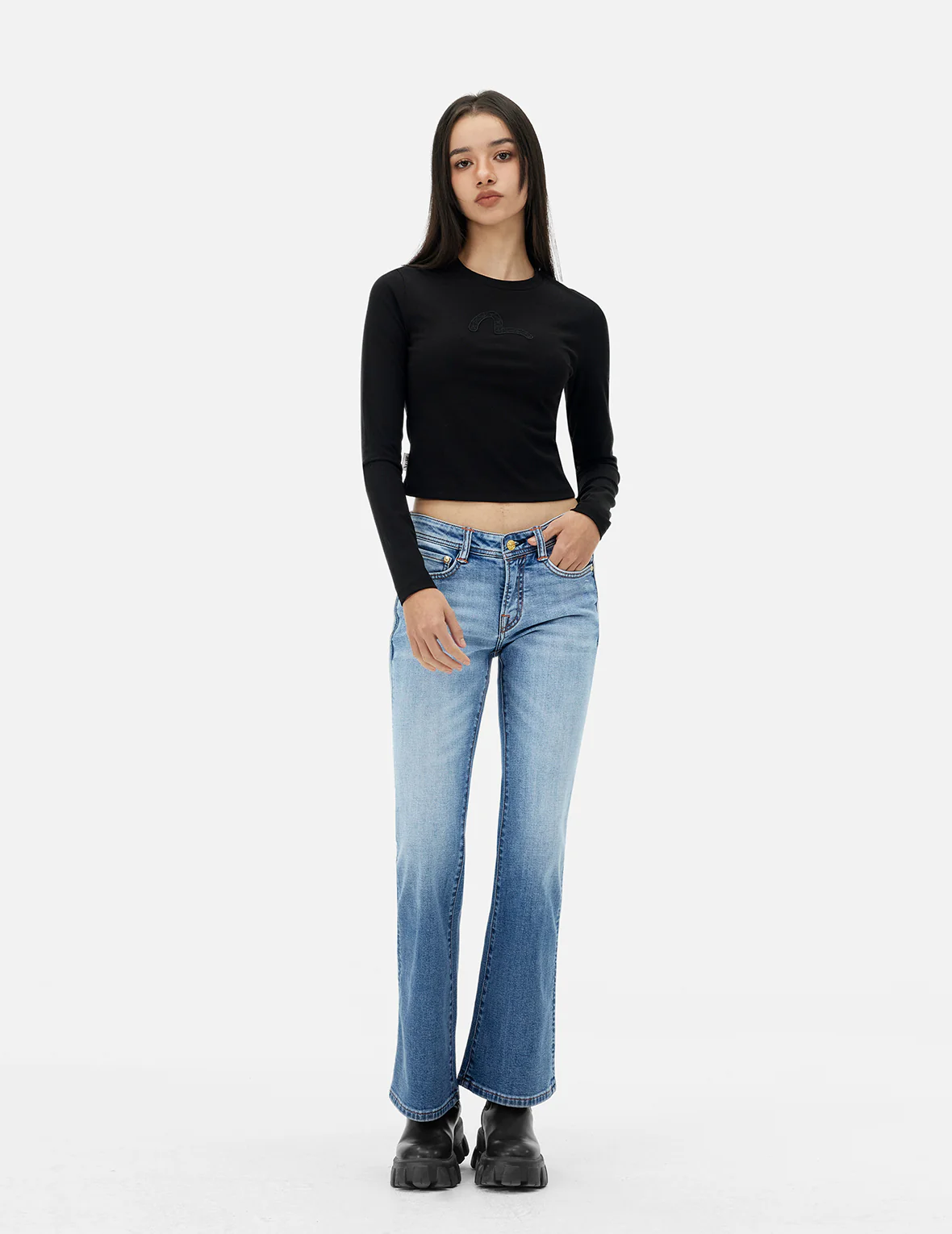 Washed Seagull and Totem Embroidery Bootcut Jeans