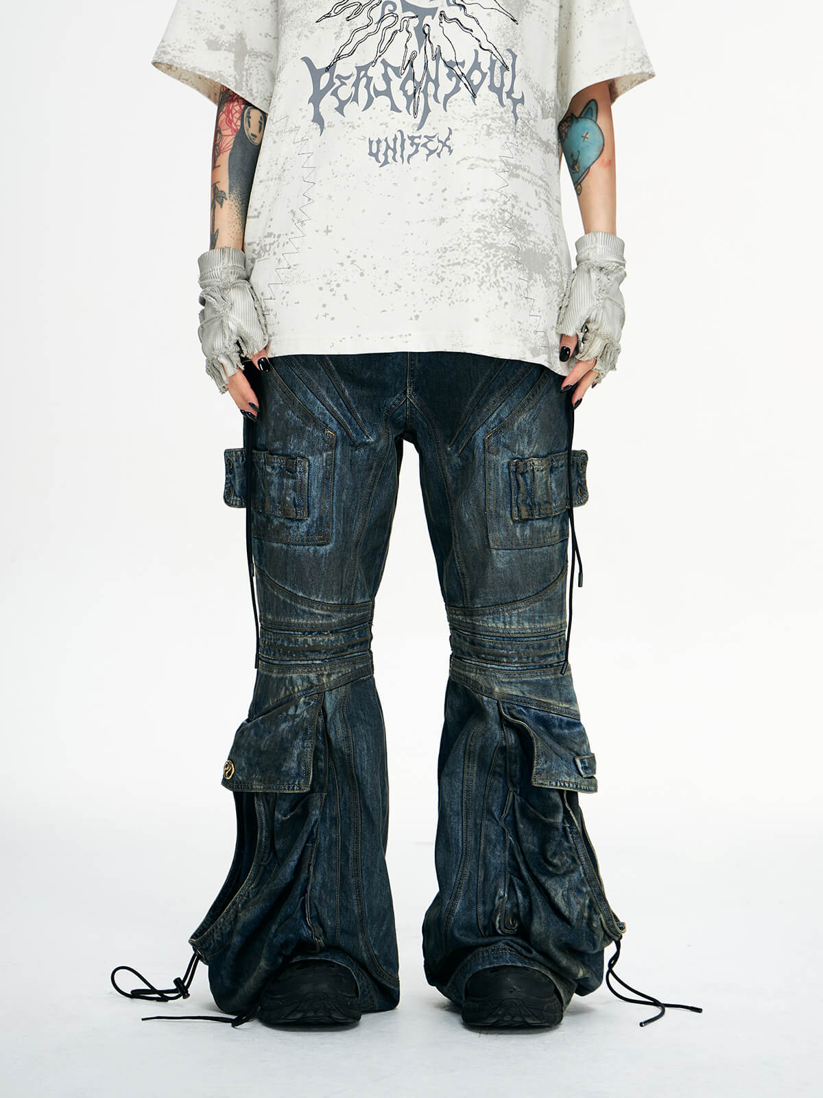 Personsoul Pocket Drawstring Washed Flared Jeans