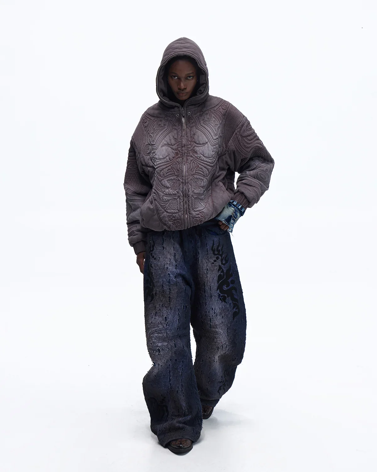 Personsoul Ripped Double-Layer Curved Jeans