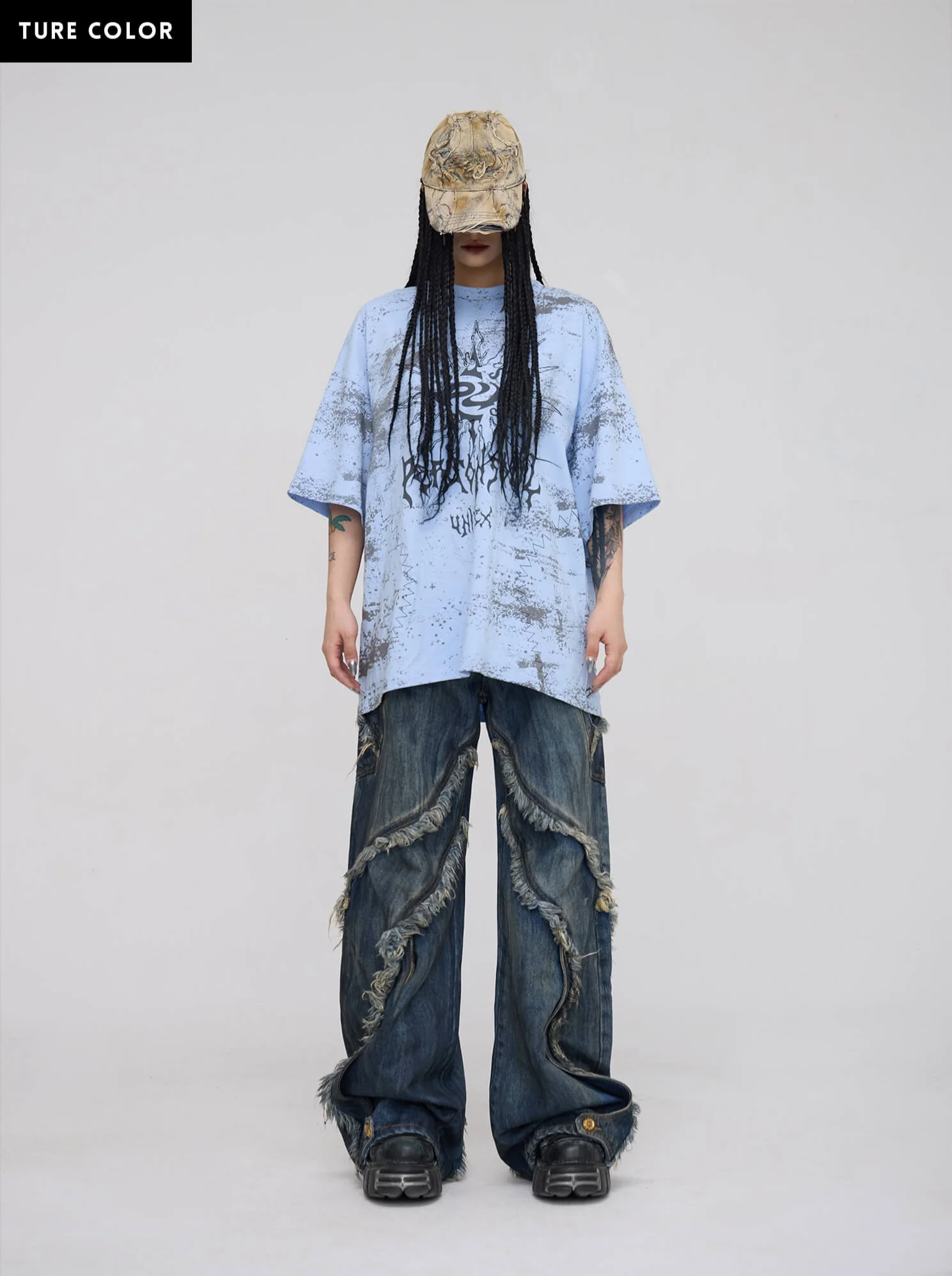 Personsoul Tie-Dye Raw-Edge Baggy Jeans