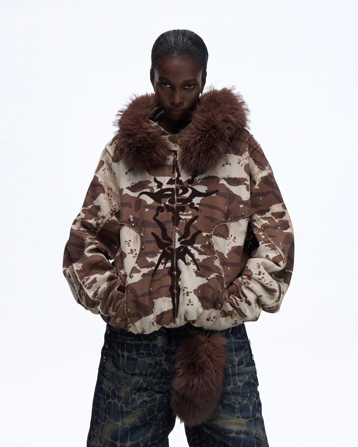 Personsoul Animal Print Hoodie with Fur-Lined Hood