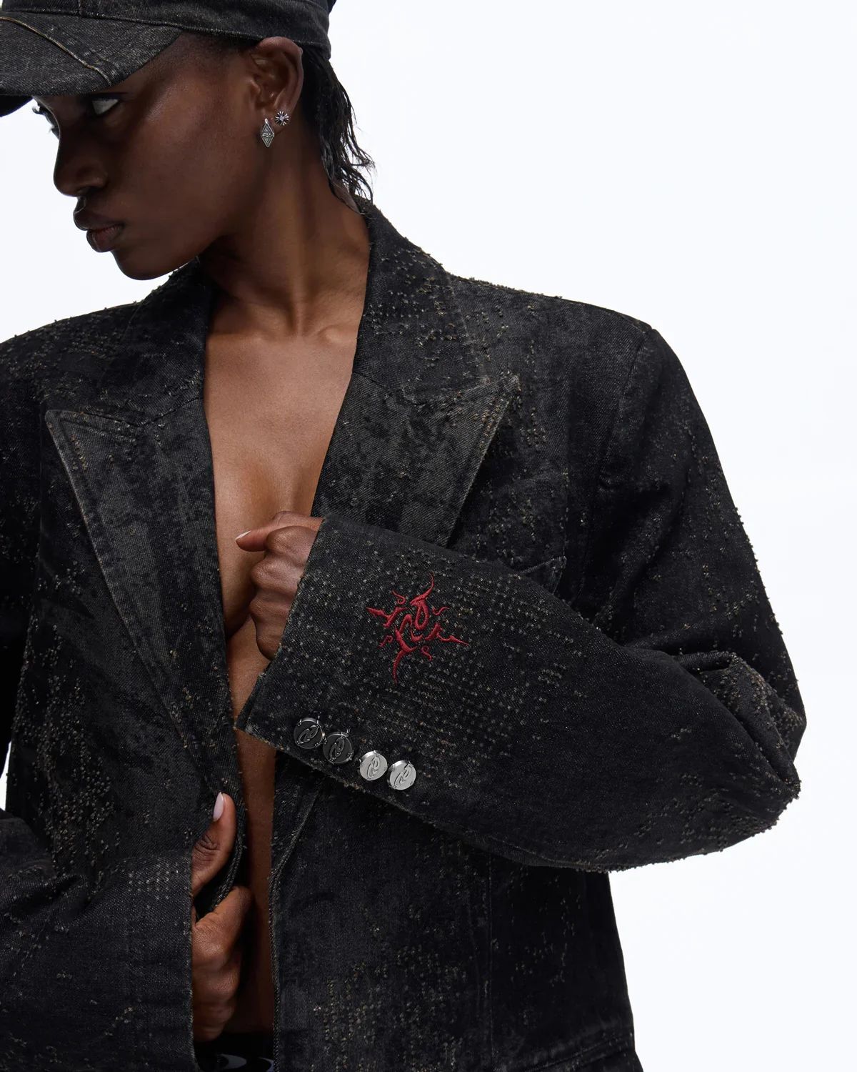 Personsoul Black Laser-Distressed Denim Blazer