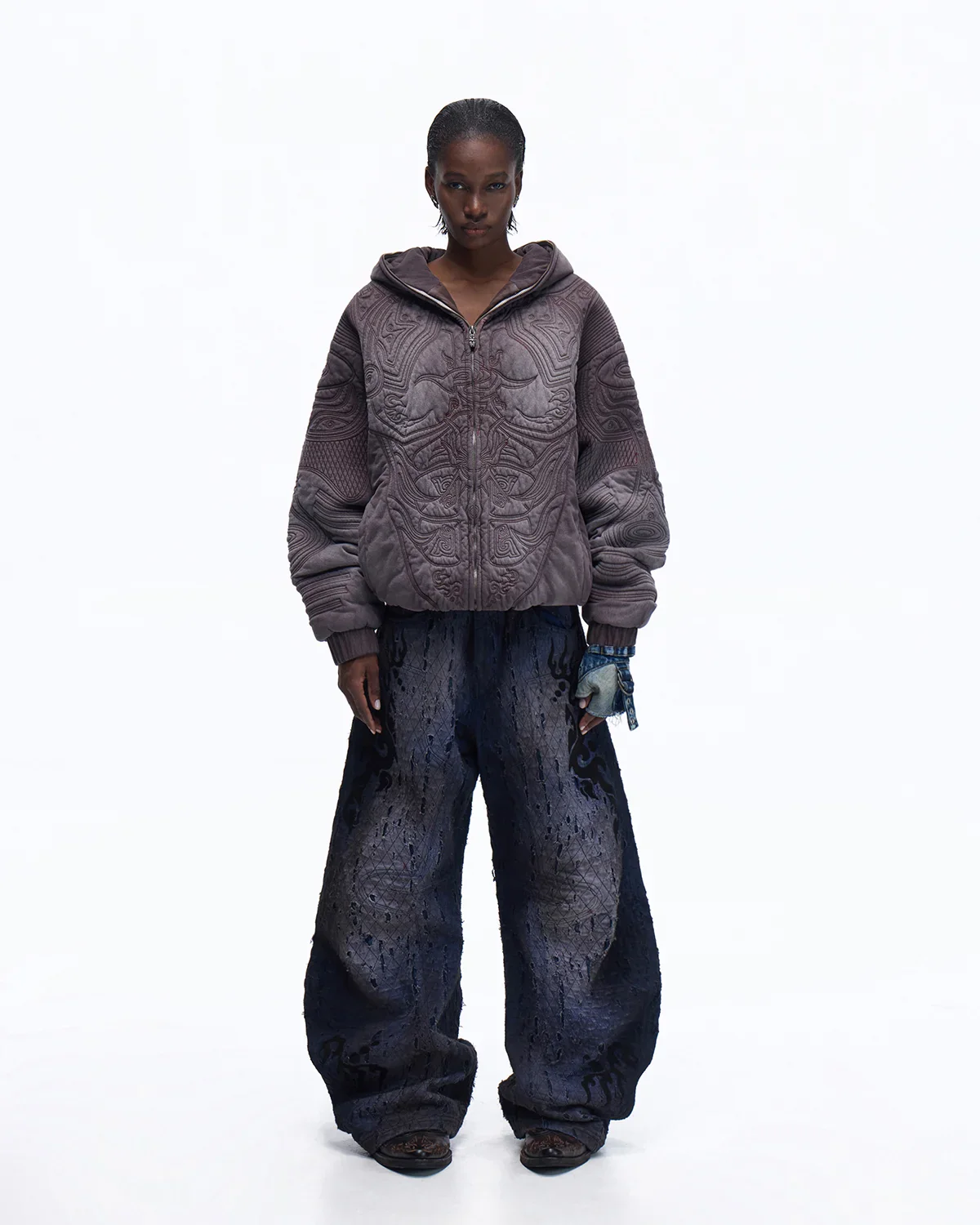 Personsoul Ripped Double-Layer Curved Jeans