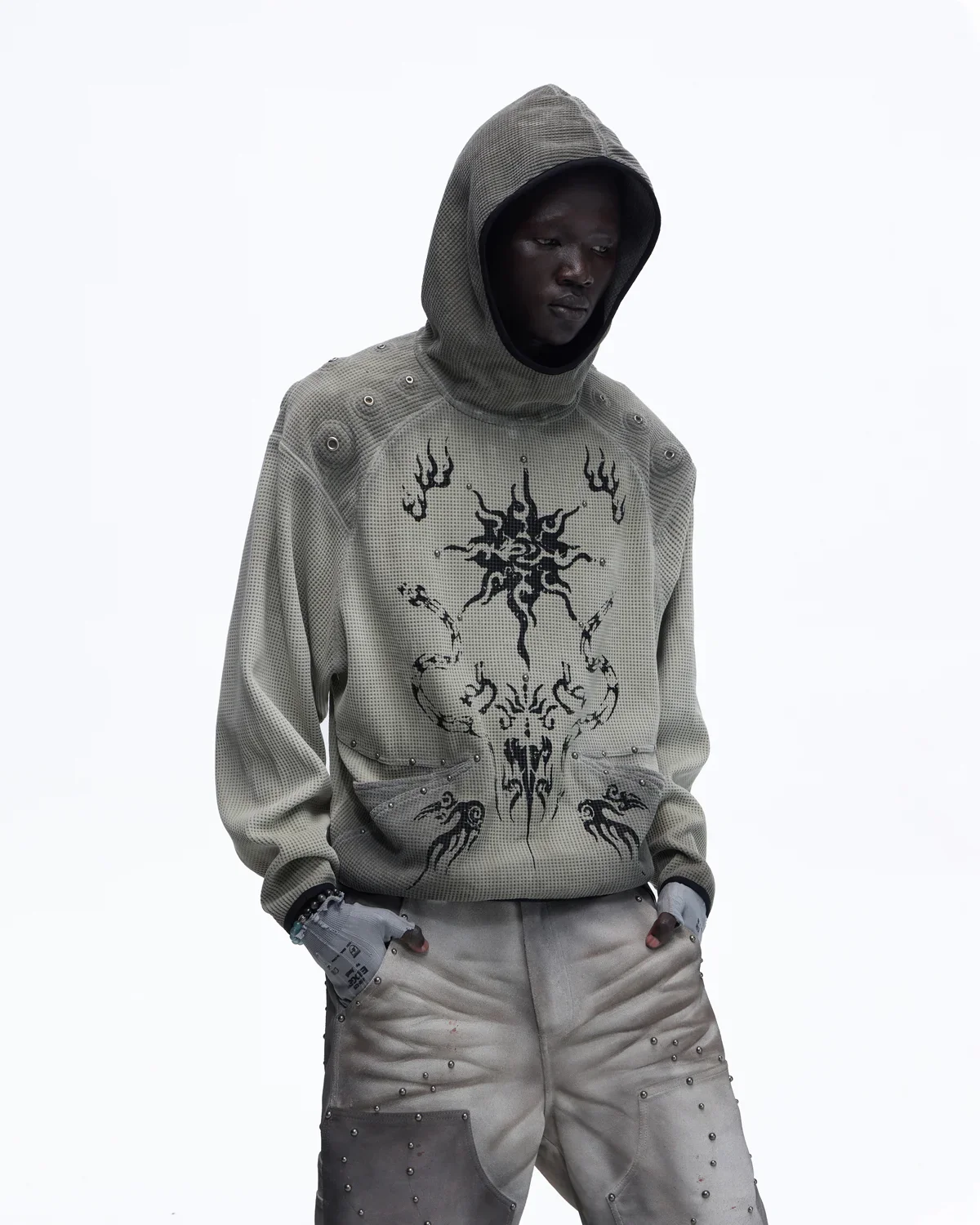 Personsoul Solar Totem Textured Plaid Hooded Sweatshirt