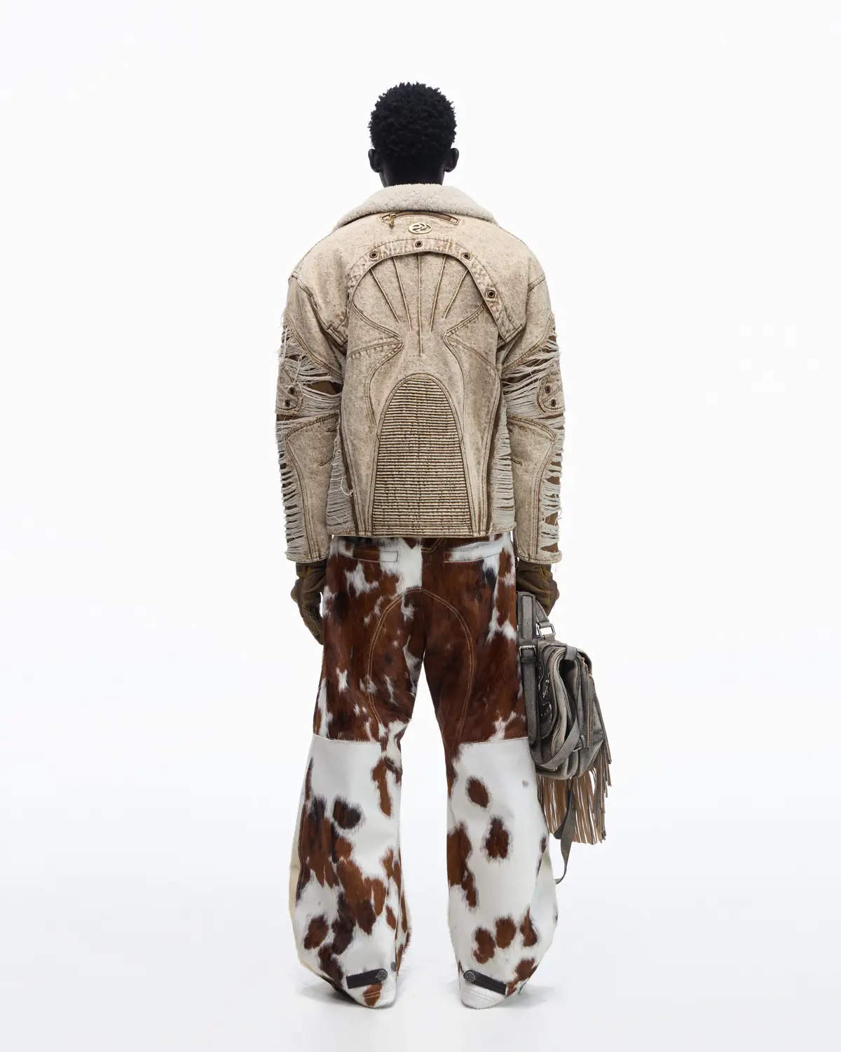 Personsoul Distressed Brown Denim Jacket with Faux-Fur Collar