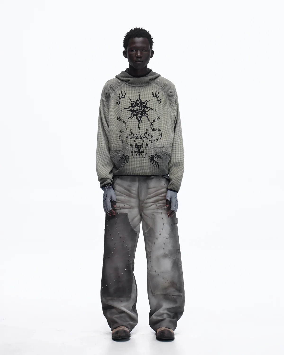 Personsoul Solar Totem Textured Plaid Hooded Sweatshirt