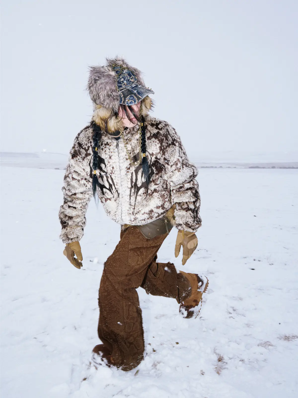 Personsoul Snake Print Faux Fur Jacket