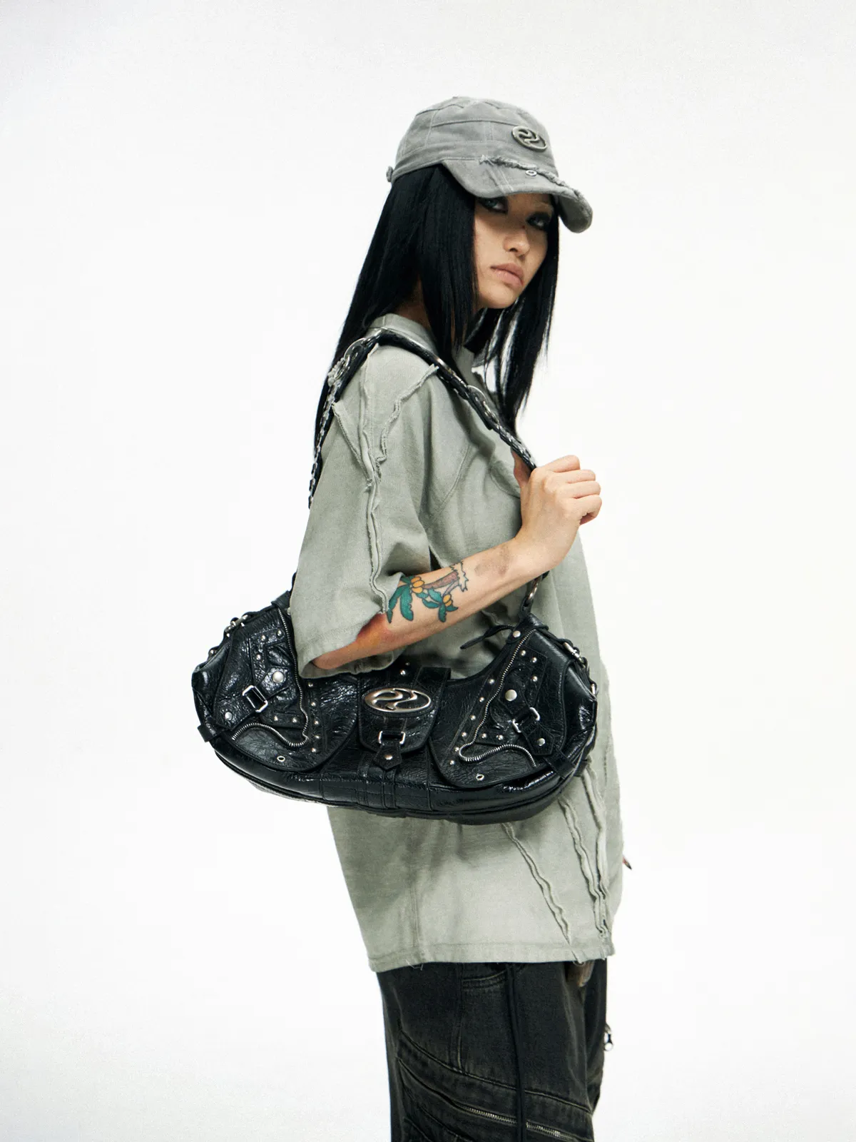 Personsoul Techwear Metal Leather Shoulder Bag