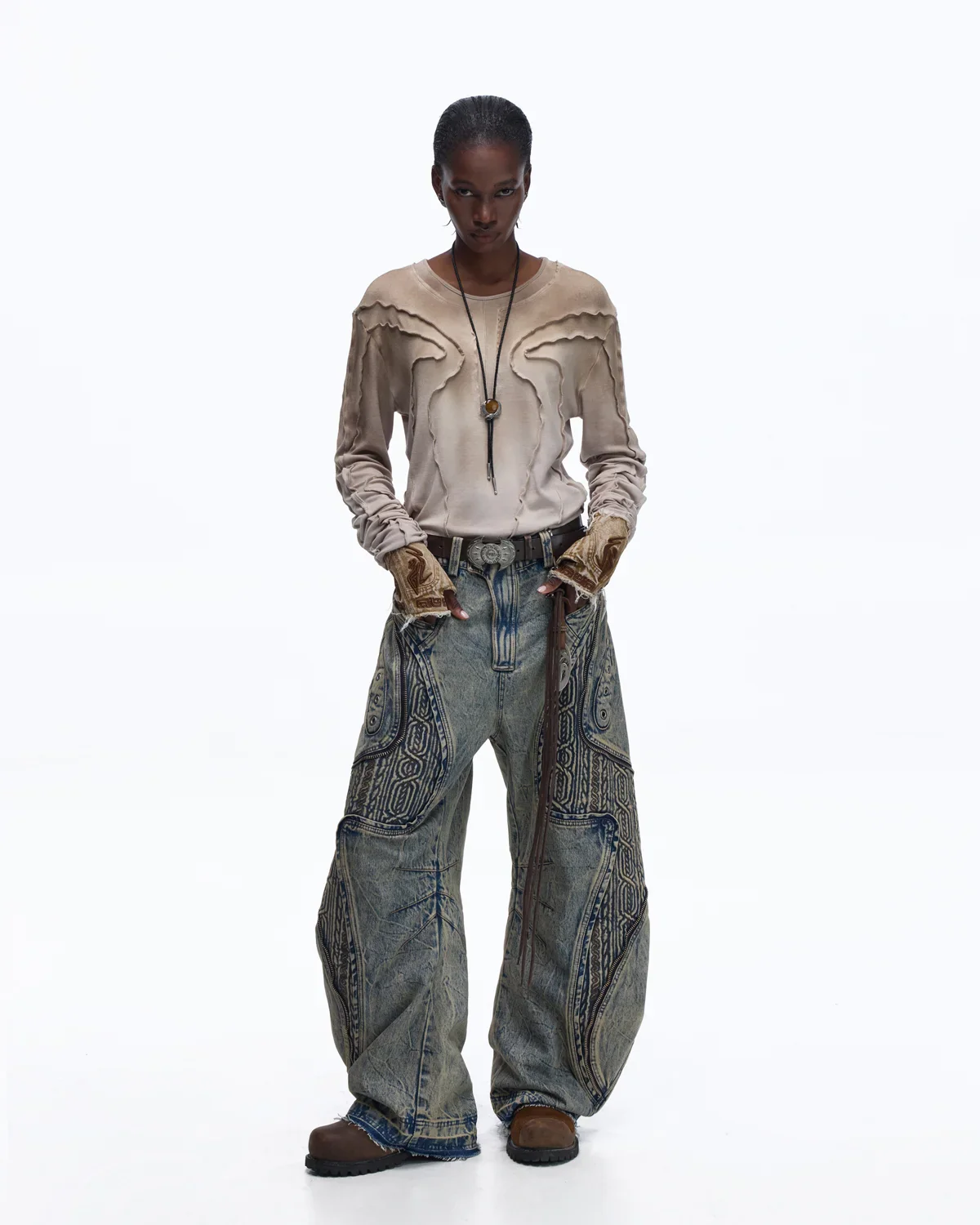 Personsoul Contrast Stitch Long Sleeve Top