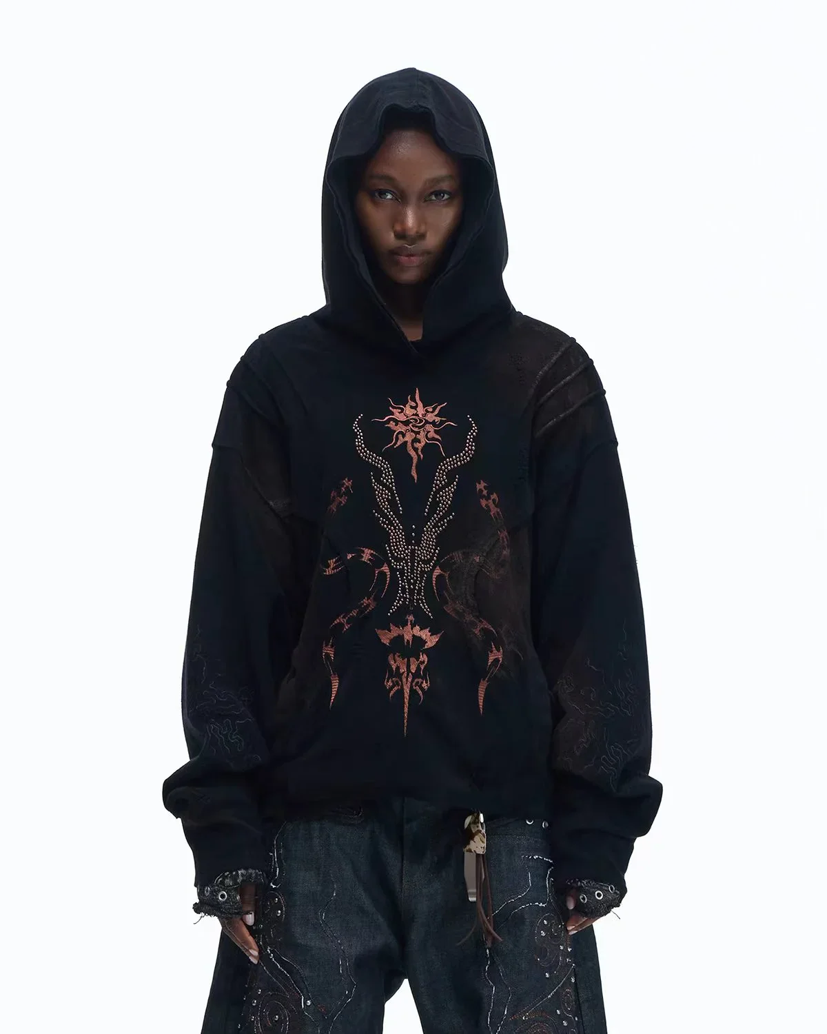 Personsoul Rhinestone Embroidered Hoodie In Black
