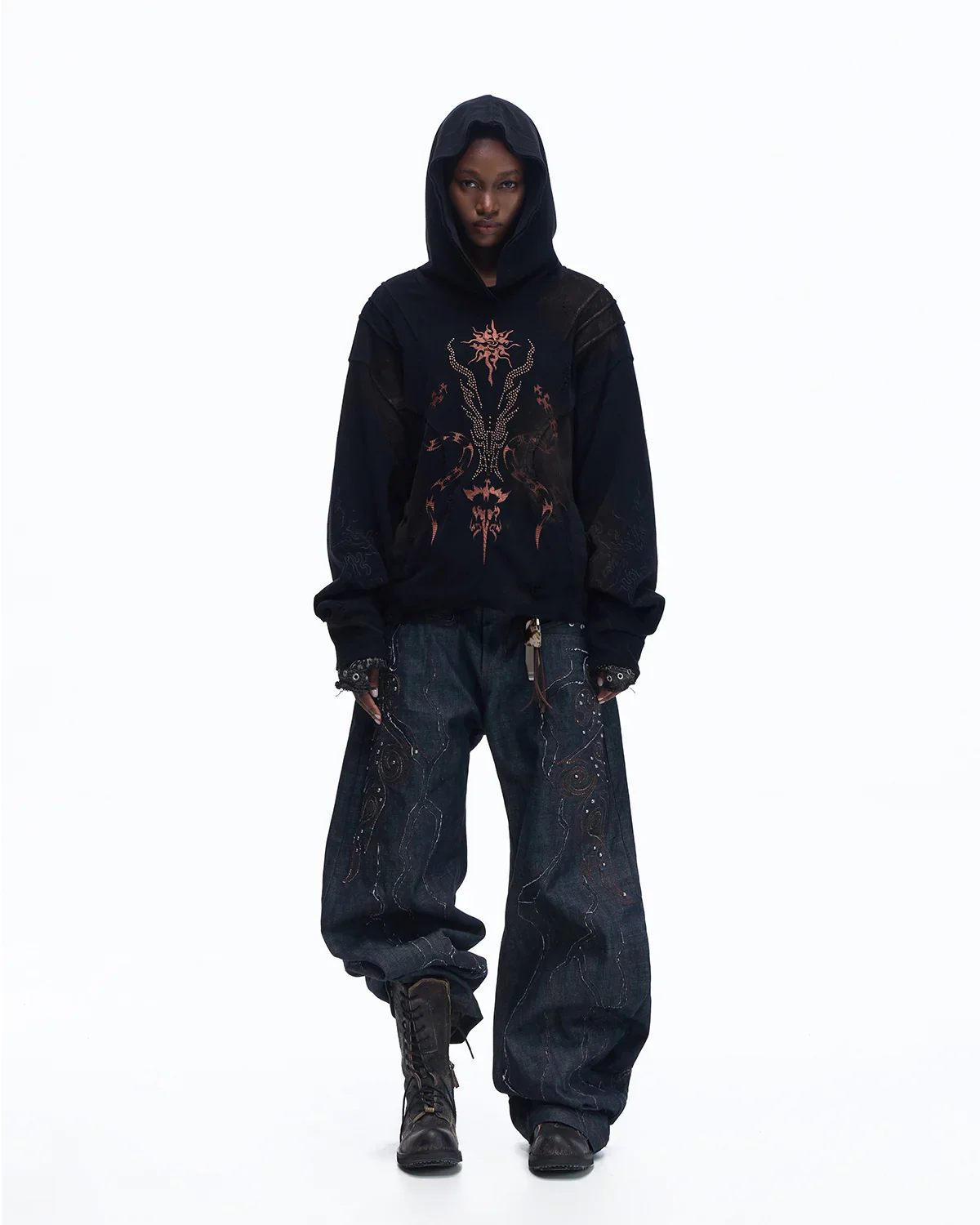 Personsoul Rhinestone Embroidered Hoodie In Black