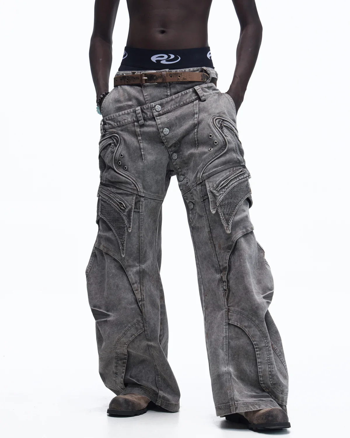 Personsoul Mock Double-Waist Wide-Leg Cargo Pants
