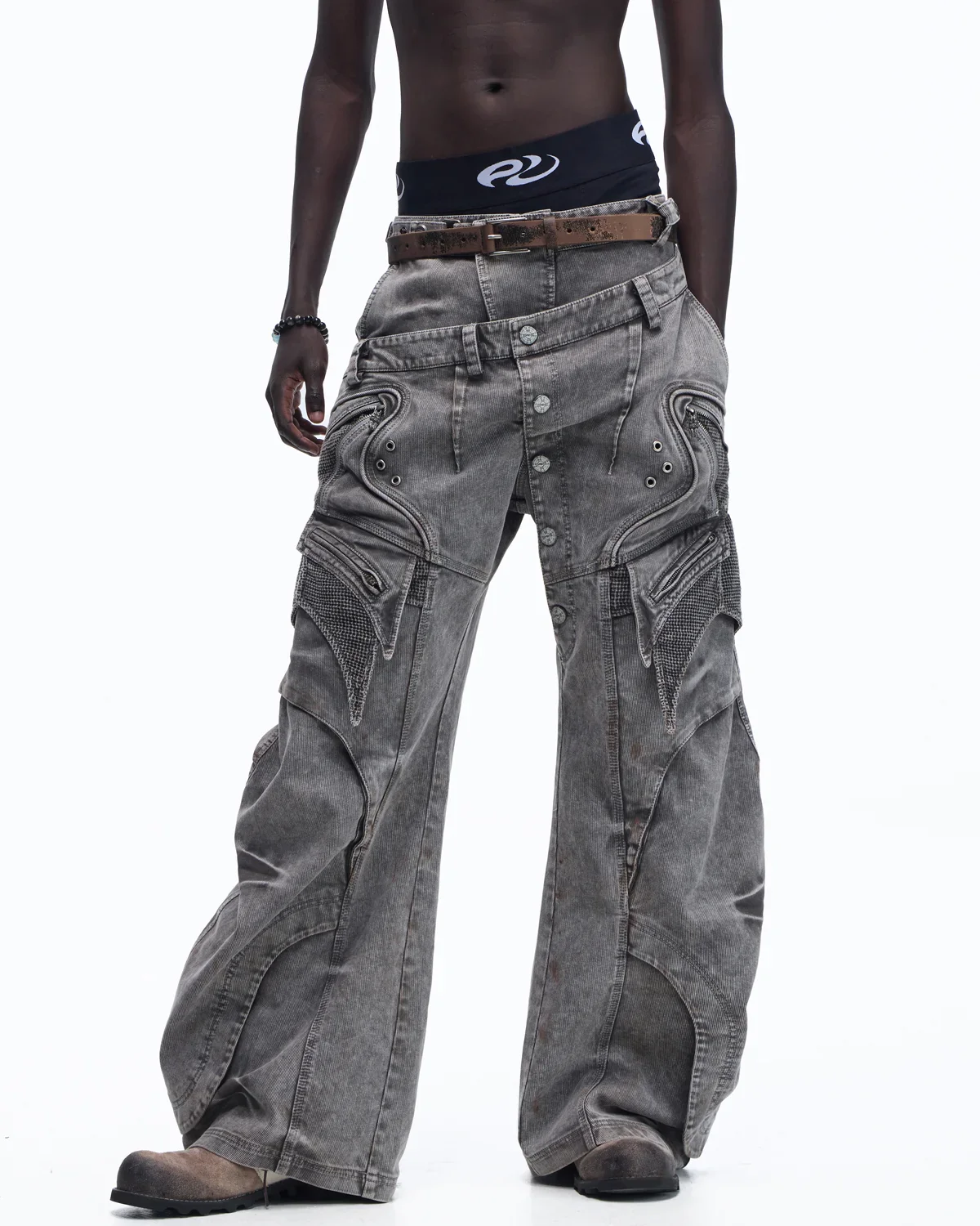 Personsoul Mock Double-Waist Wide-Leg Cargo Pants