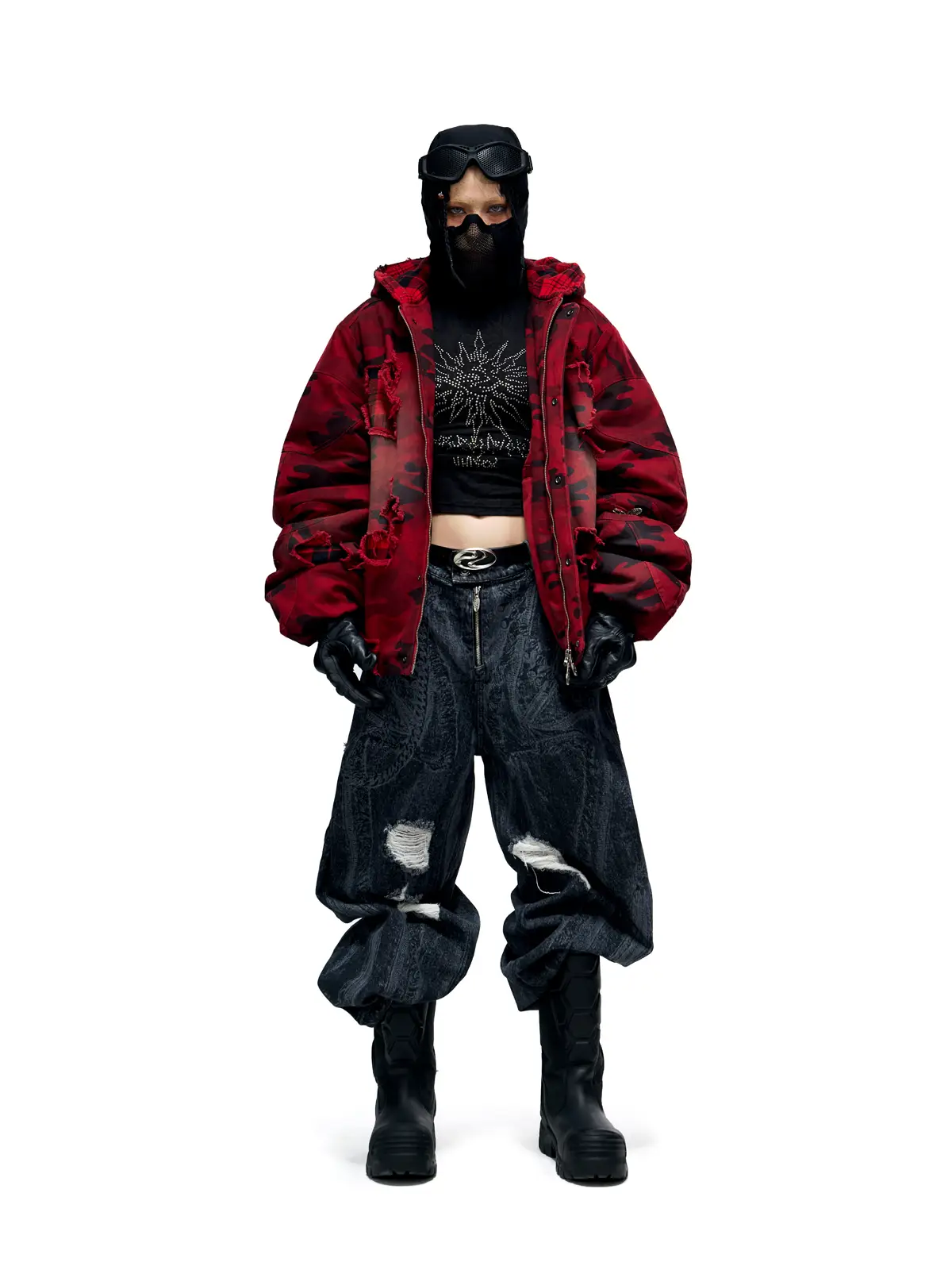 Personsoul Textured Black Print Ripped Jeans