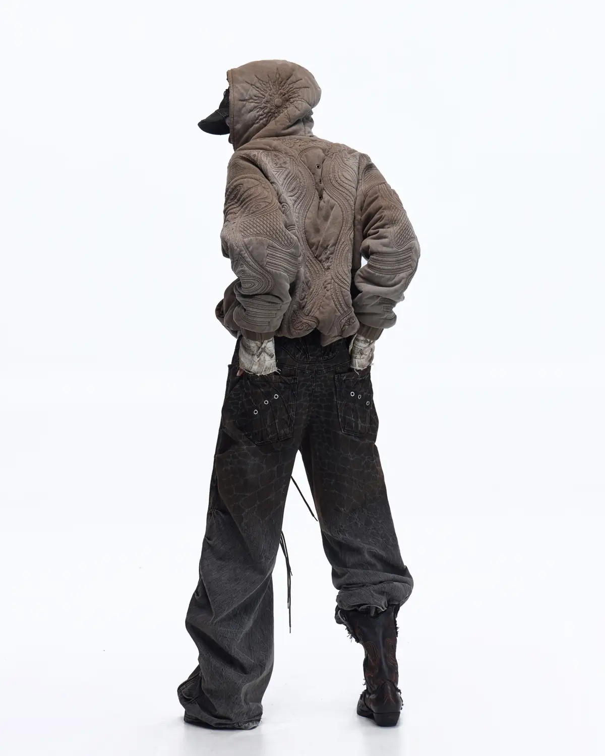 Personsoul Textured Full-Zip Hoodie with Chinese Motif Embroidery In Brown