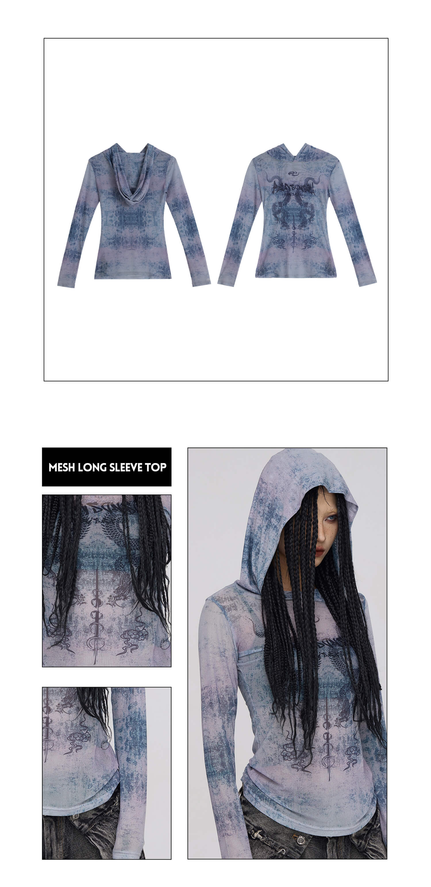 Personsoul Dragon Print Hooded Mesh Long Sleeve Top