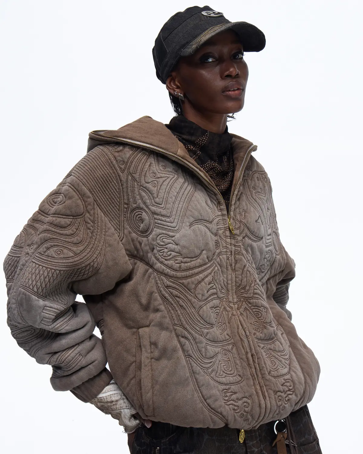 Personsoul Textured Full-Zip Hoodie with Chinese Motif Embroidery In Brown