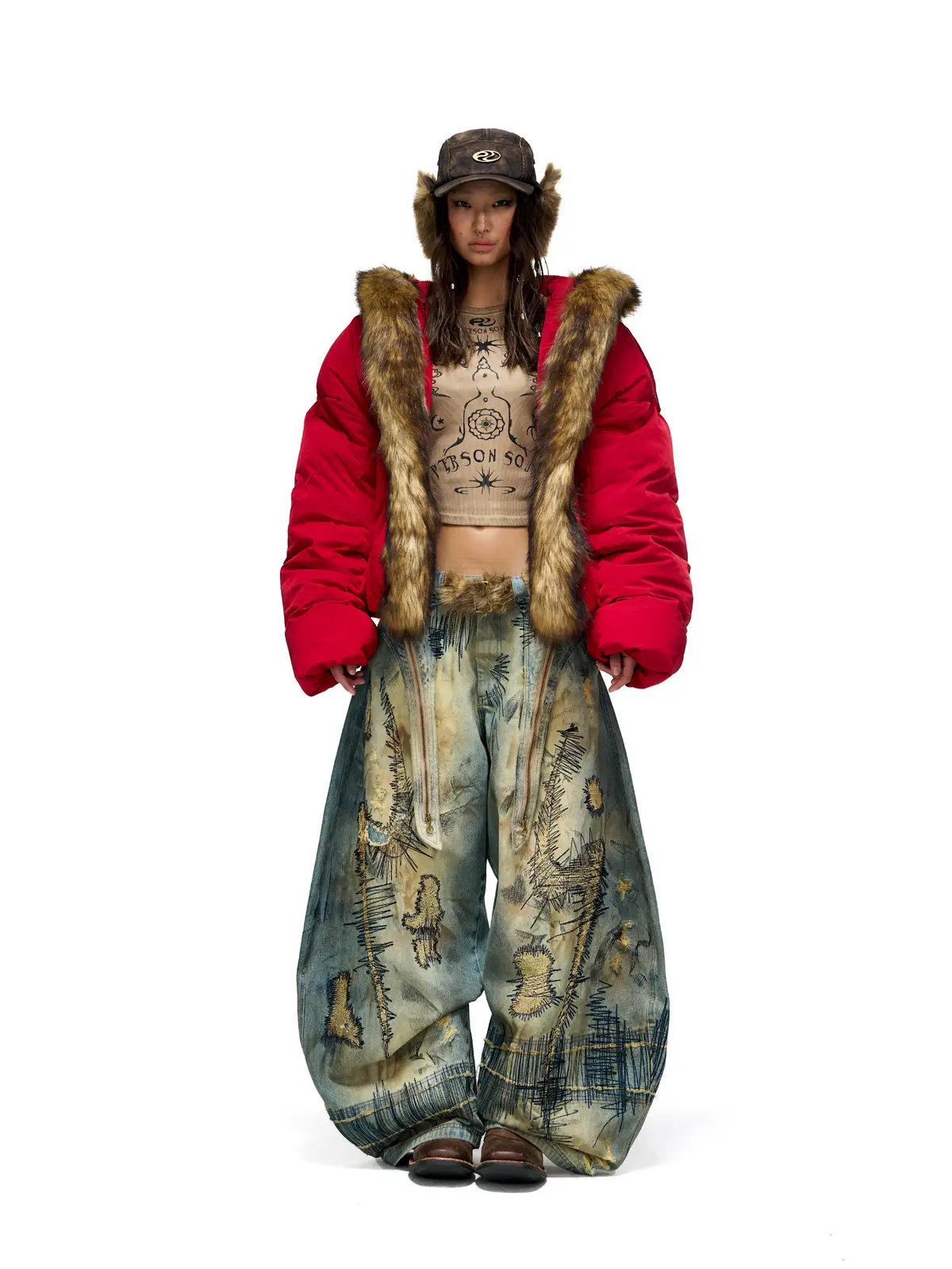 Personsoul Embroidery Fur Collar Down Jacket