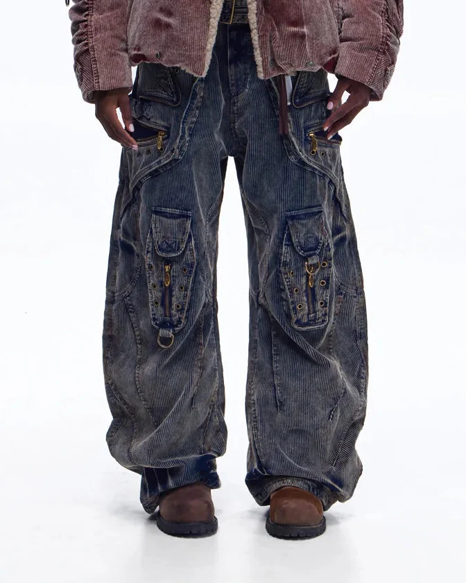 Personsoul Vintage Washed Corduroy Wide-Leg Pants with Belt