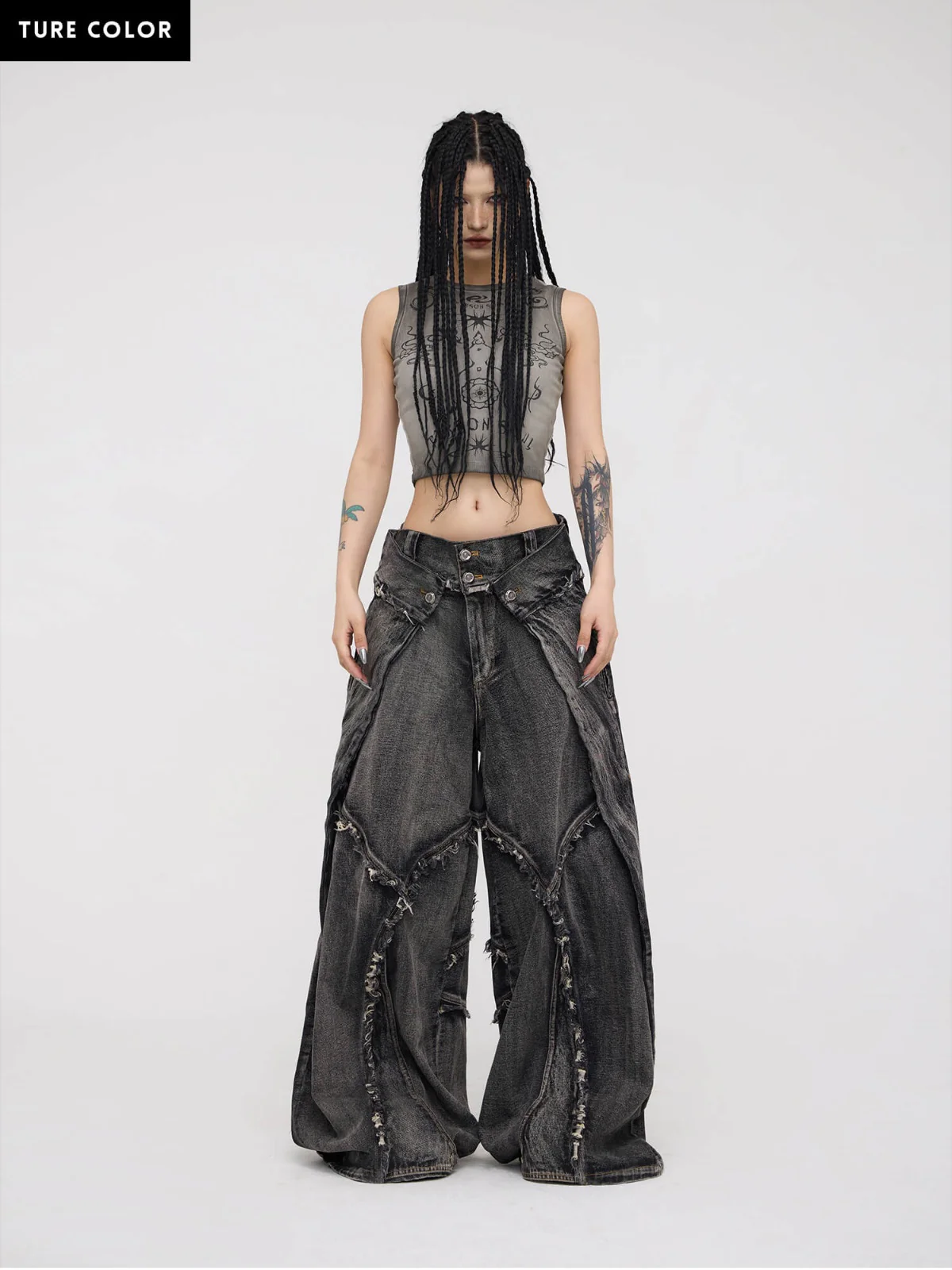 Personsoul Folded Structure Baggy Jeans