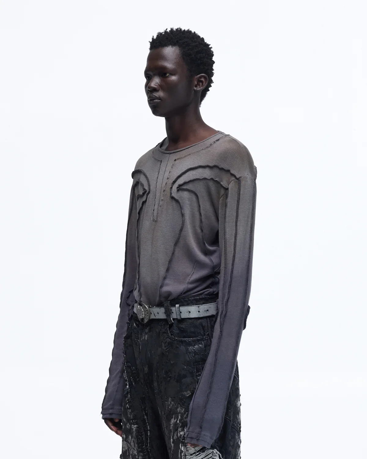 Personsoul Contrast Stitch Long Sleeve Top In Grey