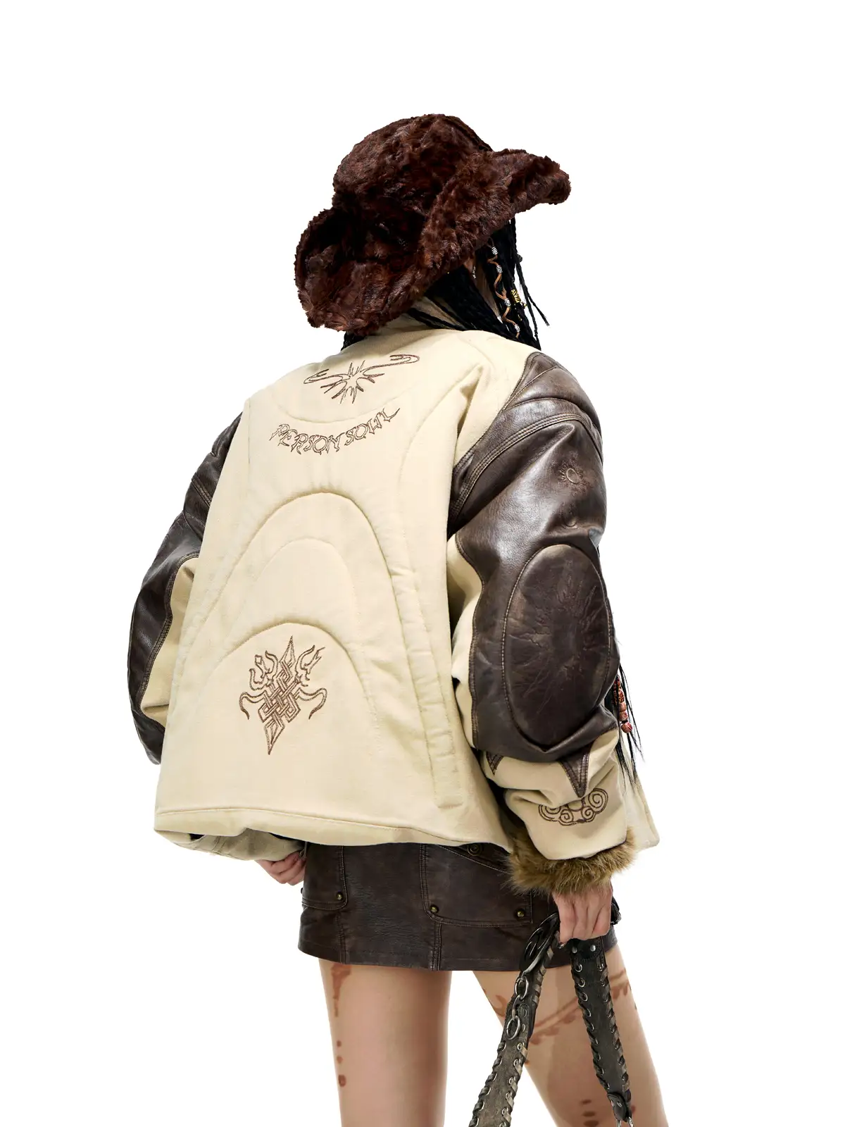 Personsoul Leather Patchwork Cotton Jacket