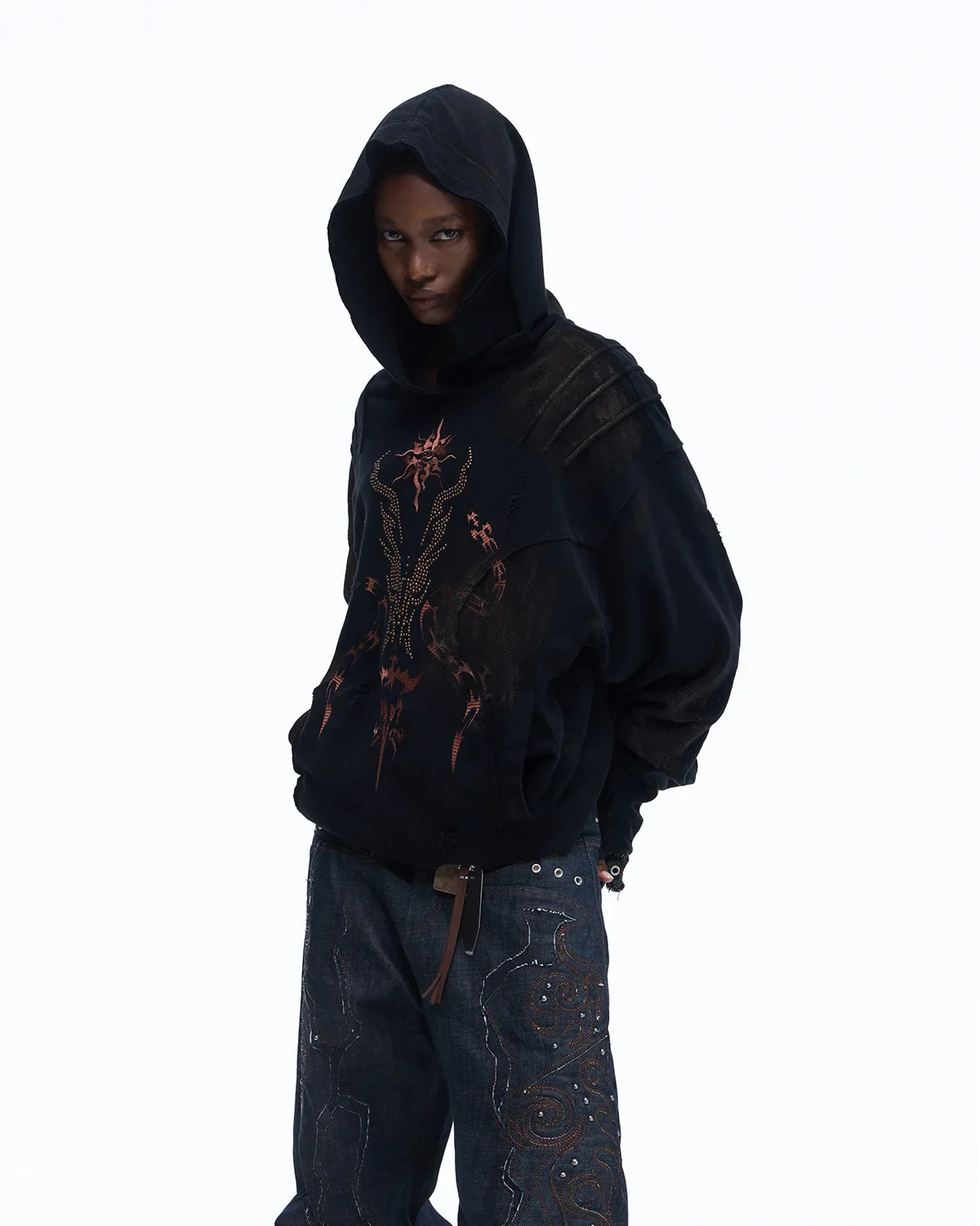 Personsoul Rhinestone Embroidered Hoodie In Black