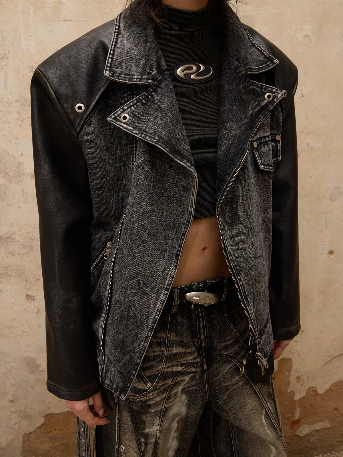 Personsoul Motorcycle Denim Leather Jacket